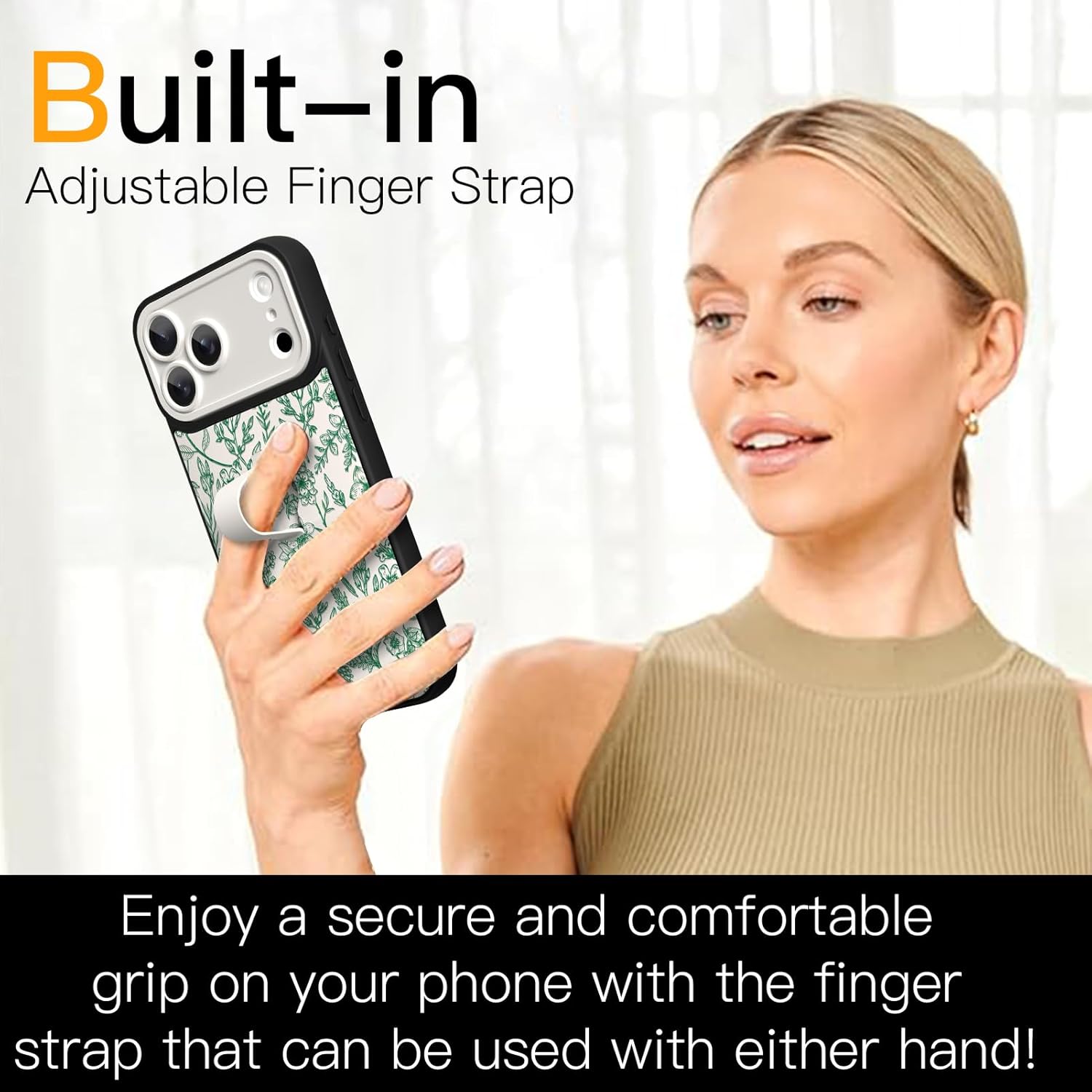 SOKAD for iPhone 17 Pro Max Case with Finger Strap Kickstand, Vintage Sage Floral Flower Phone Case with Finger Hand for Women Girls, Slim Full Camera Protection Shockproof Cover, Green - Image 2