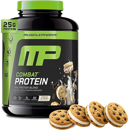 MusclePharm Combat Proteína en polvo, sabor a galletas y crema, alimenta los músculos para entrenamientos productivos, 5 fuentes de proteína