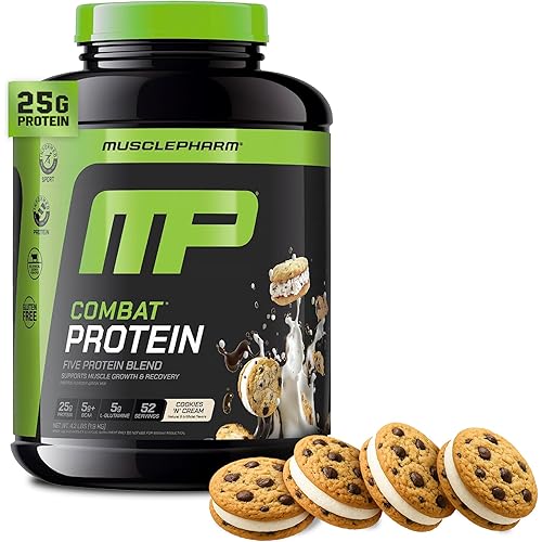 MusclePharm Combat Protein Powder, Cookies ‘N’ Cream Flavor, Fuels Muscles for Productive Workouts, 5 Protein Sources including Whey Protein Isolate & Egg Albumin, Gluten Free, 4 lb, 52 Servings