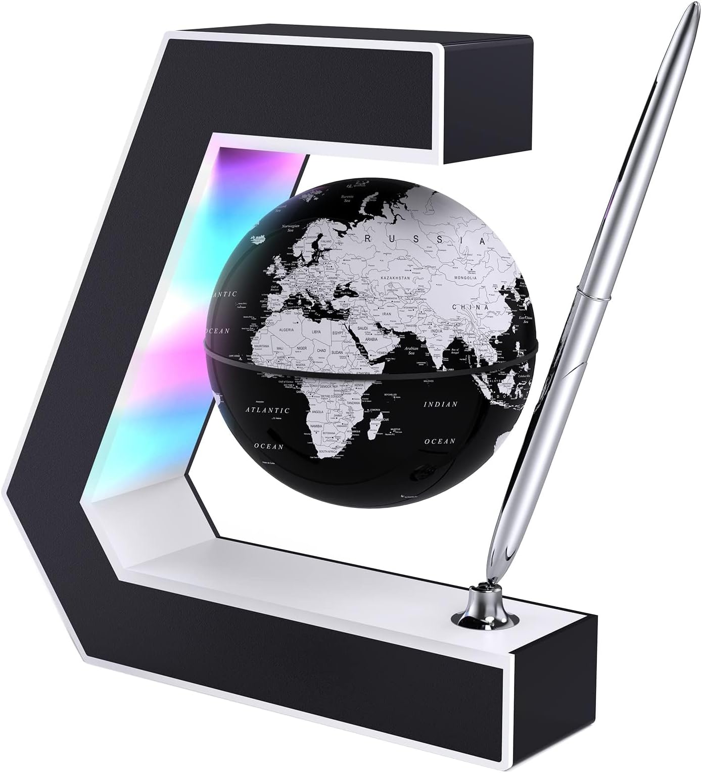 NALACAL Floating Globe with LED Lights Magnetic Levitation Floating Globe with Pen, Portable to Write On Office Desk, World Map for Desk Decoration, Black