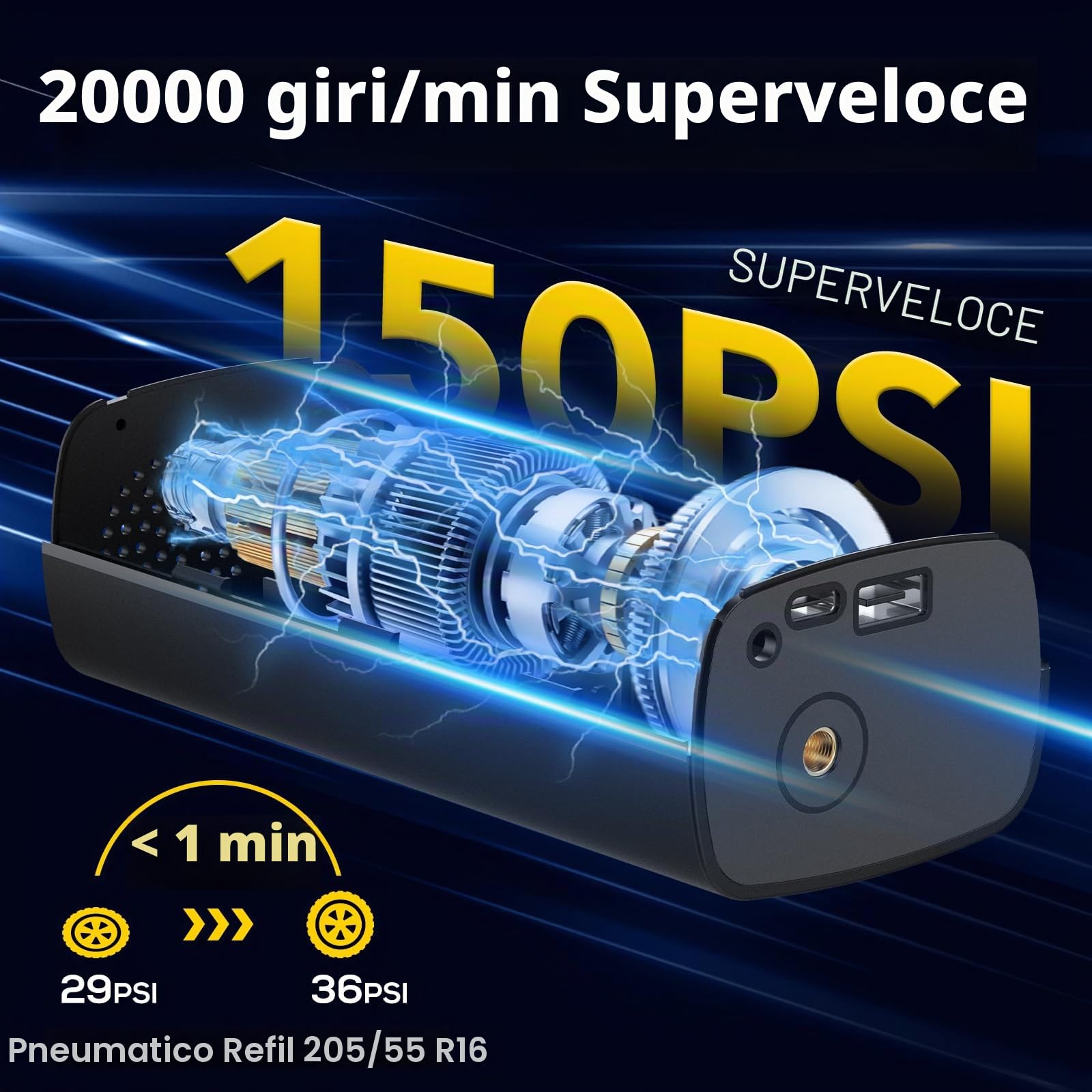 Compressore Aria Portatile, 150PSI & 20000mah Mini Compressore Portatile, 3X Velocità Gonfiatore Elettrico con Schermo LCD Digitale, 5 Modalità, Pompa per Bicicletta, Auto, Moto, Monopattino, Palloni