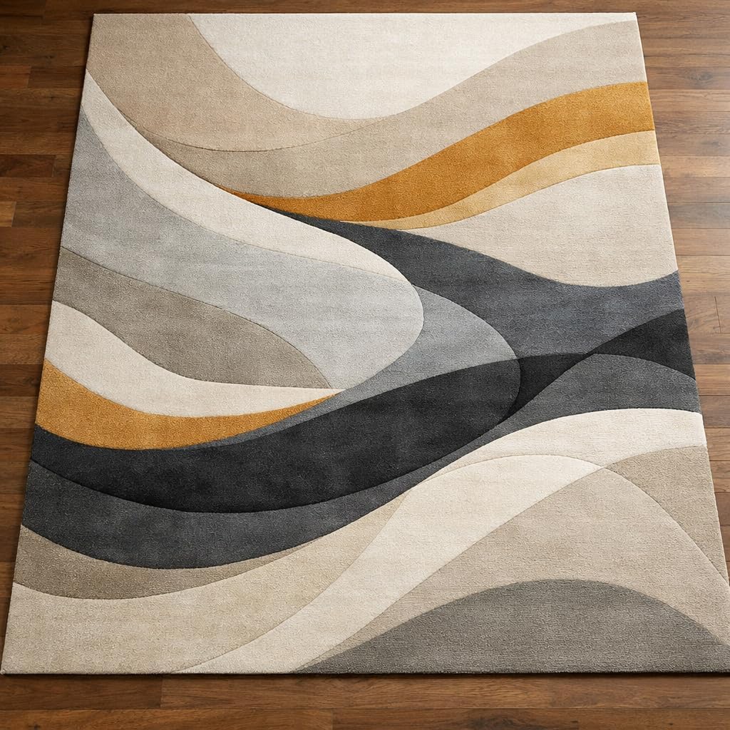 Modern Abstract Area Rug, Wavy Geometric Pattern, Multi-Color with Beige, Gray, Orange, Black (9 * 10 feet)