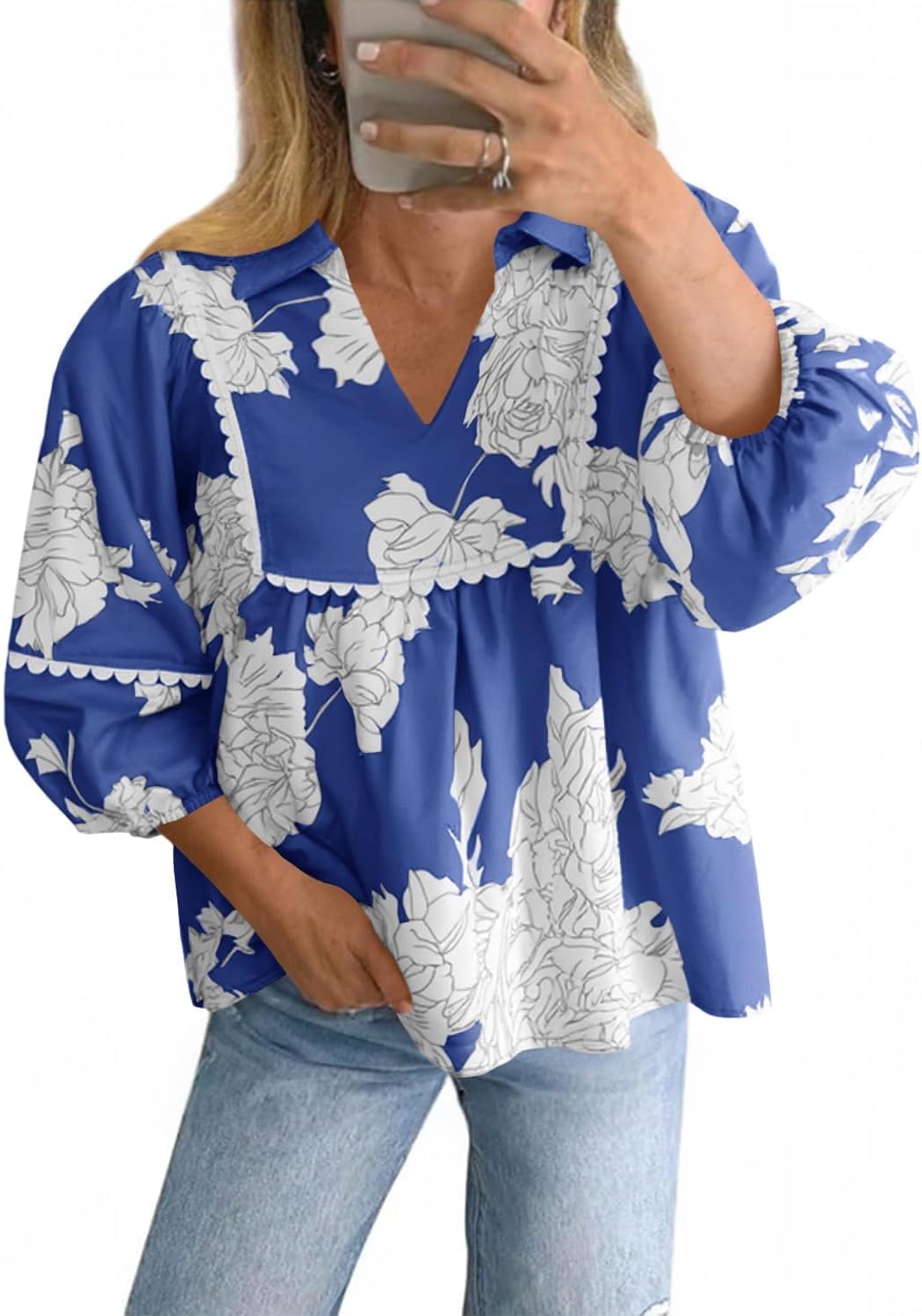 Tankaneo Womens Floral Peplum Babydoll Tops 3/4 Puff Sleeve Pleated Blouse Cute Casual V Neck Loose Fit Flowy Boho Shirts