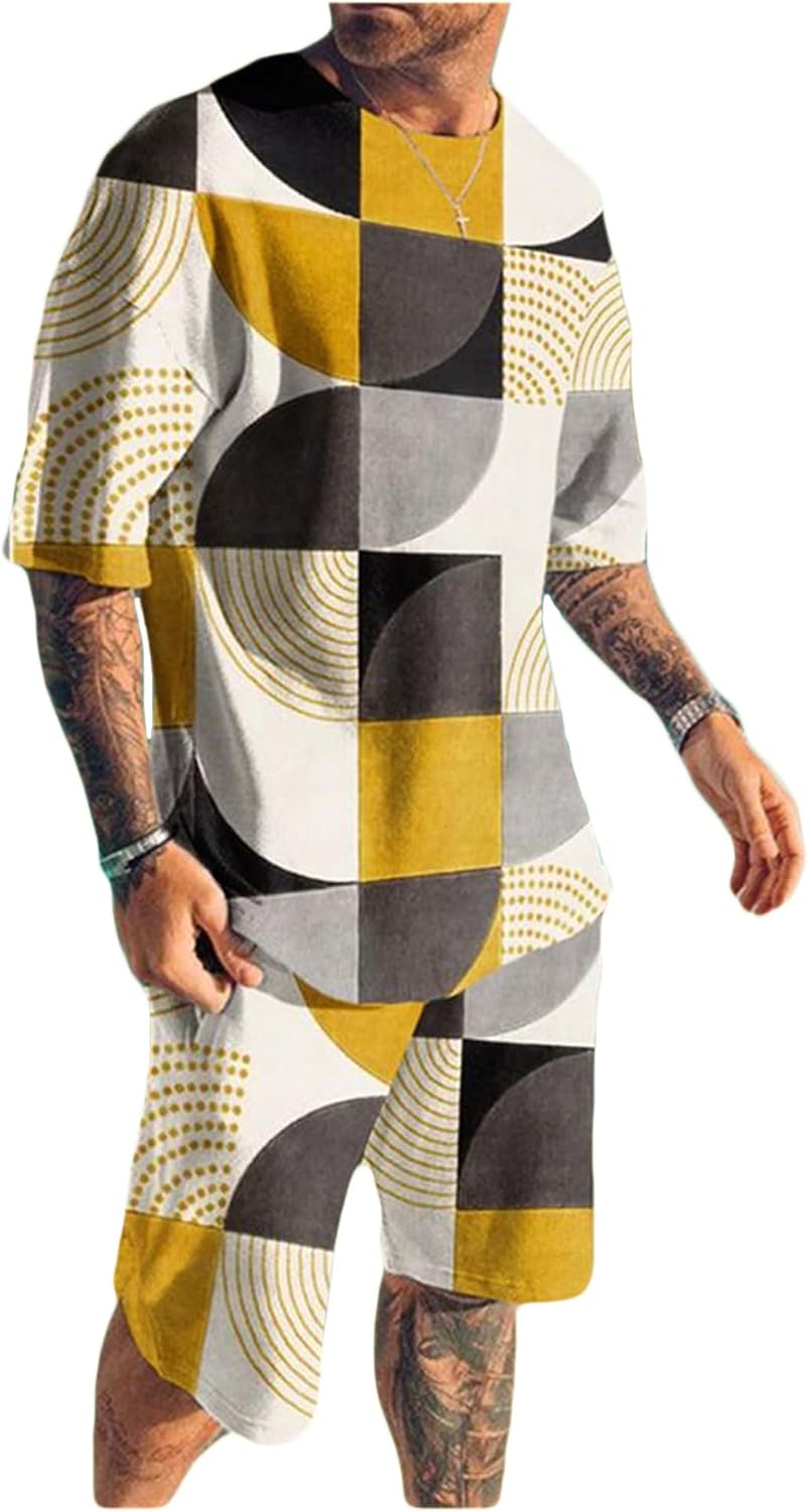 Bestgift Mens Printed Suit Casual 2 Piece Sports Tops