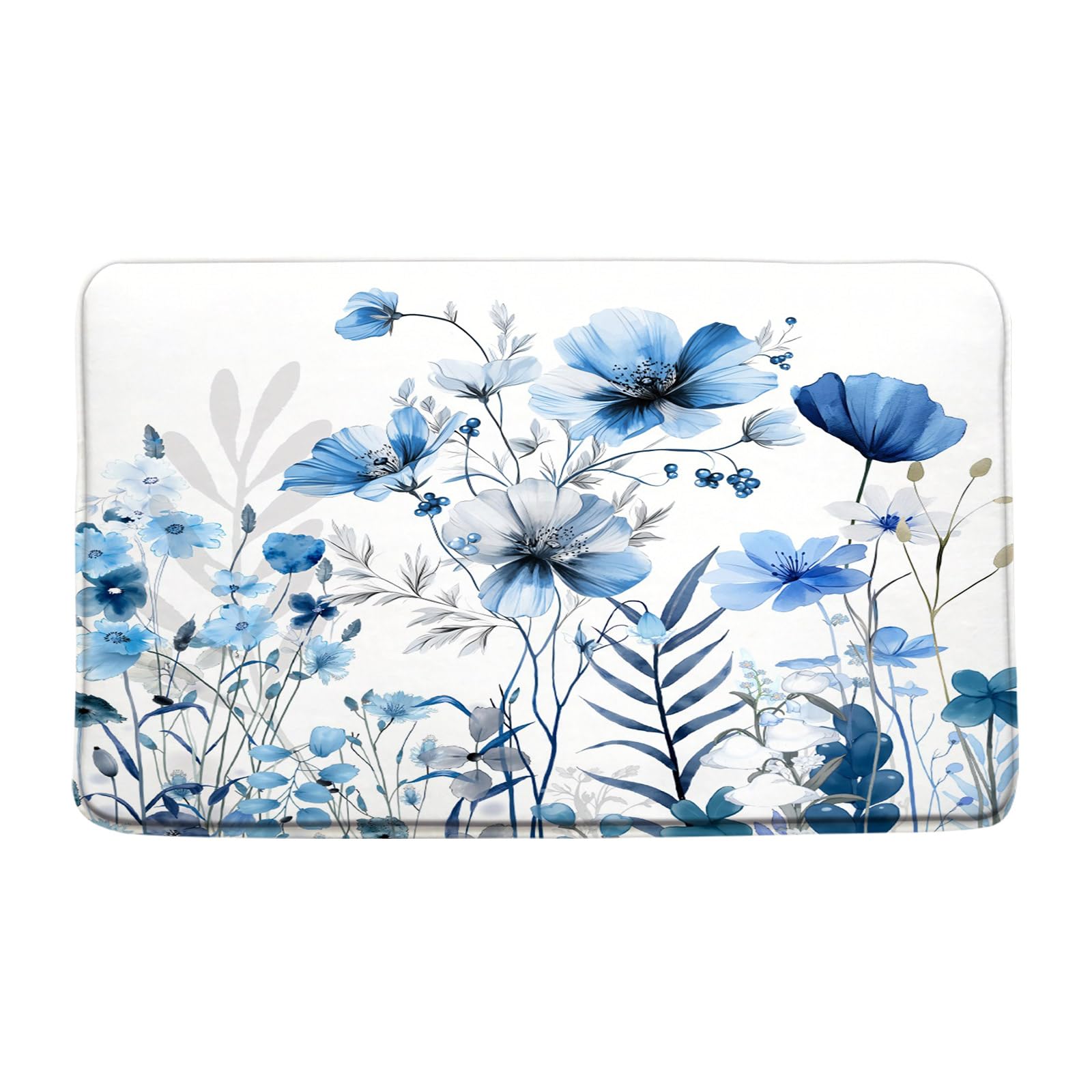 Floral Bath Mat Watercolor Navy Blue Flower Leaves Botanical Spring Wildflower Plant Art Modern Ink Bathroom Rug Floor