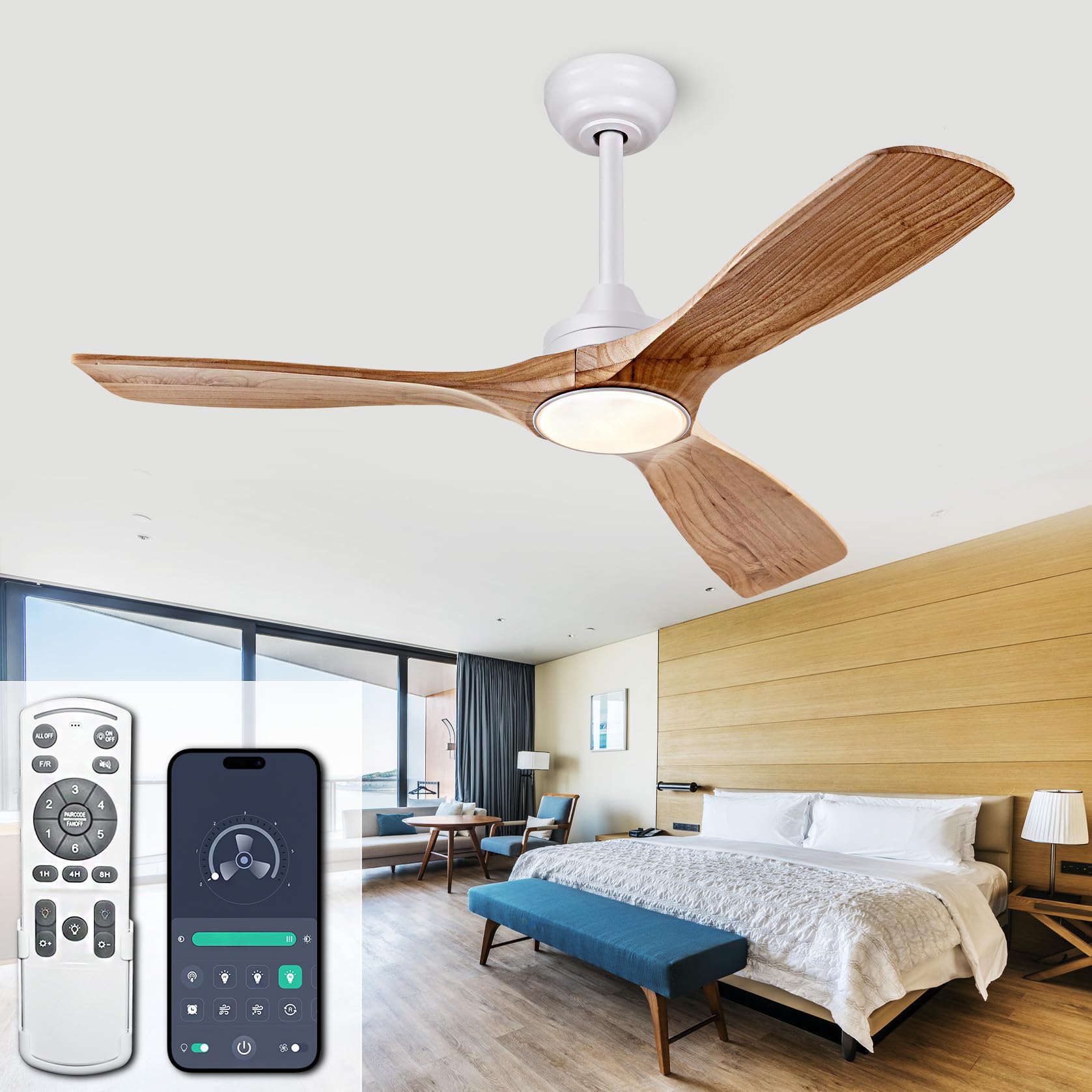Ceiling Fans with Lights, 42 Inch Ceiling Fan with Remote/APP Control,3CCT Dimmable Light,Noiseless Reversible DC Motor,3 Solid Wood Blades,Indoor/Outdoor Ceiling Fans for Bedroom,Farmhouse,Patio