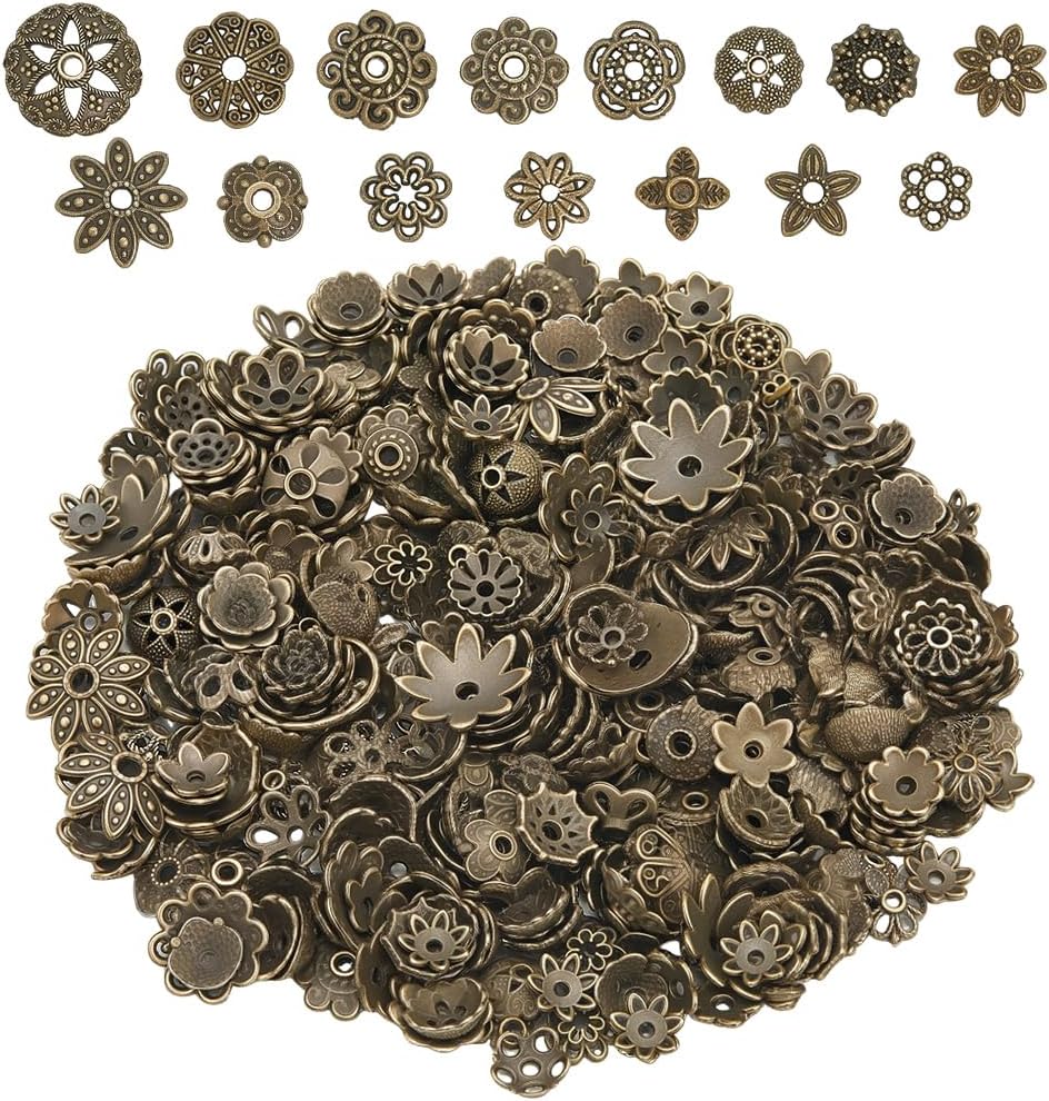 SUNNYCLUE 1 Box About 100 Gram Antique Bronze Bead Caps Metal Flower Bead Caps Bulk Tibetan Assorted Alloy Vintage Loose Hollow Floral End Spacers for Jewellery Making Bracelets Necklaces DIY Crafts