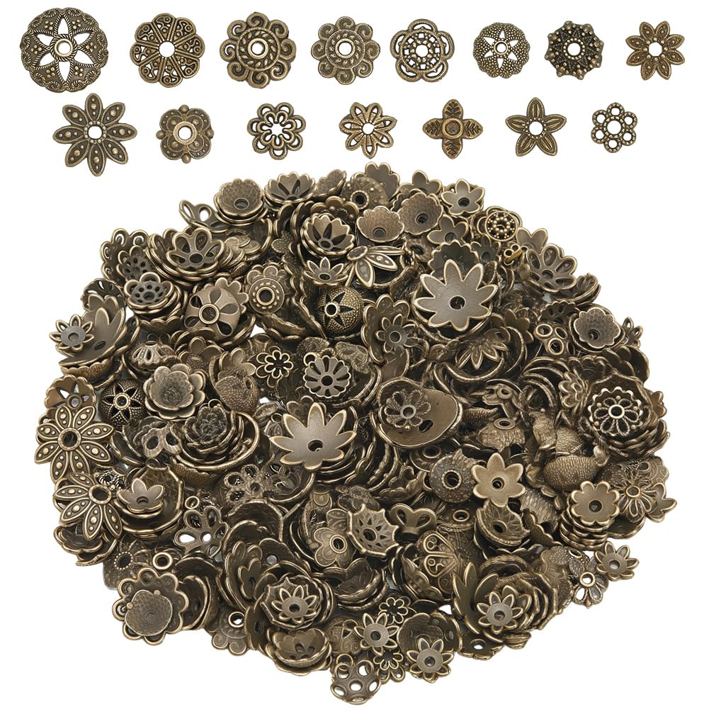 SUNNYCLUE 1 Box About 100 Gram Antique Bronze Bead Caps Metal Flower Bead Caps Bulk Tibetan Assorted Alloy Vintage Loose Hollow Floral End Spacers for Jewellery Making Bracelets Necklaces DIY Crafts