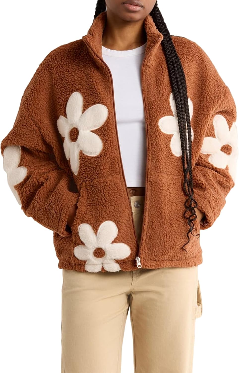 HOULENGS Women's Floral Print Sherpa Fleece Jackets Casual Long Sleeve Zipper Cropped Coat Winter Outwear with Pockets - Image 5