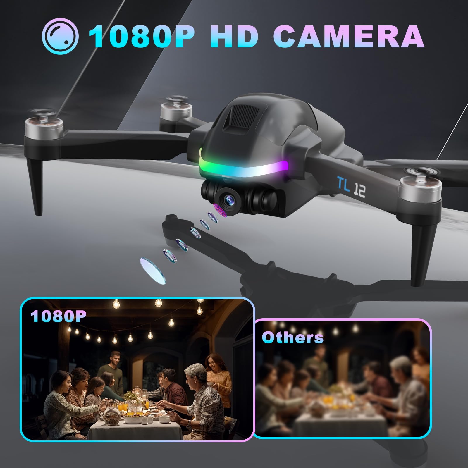 TL12 RGB Illuminato Droni Motore Senza Spazzole Drone con Telecamera 1080P 3D Flips Trasmissione FPV Mantenimento Dell'Altitudine Avvio con Un Solo Tasto RC Quadcopter per Principianti Luci Multiple