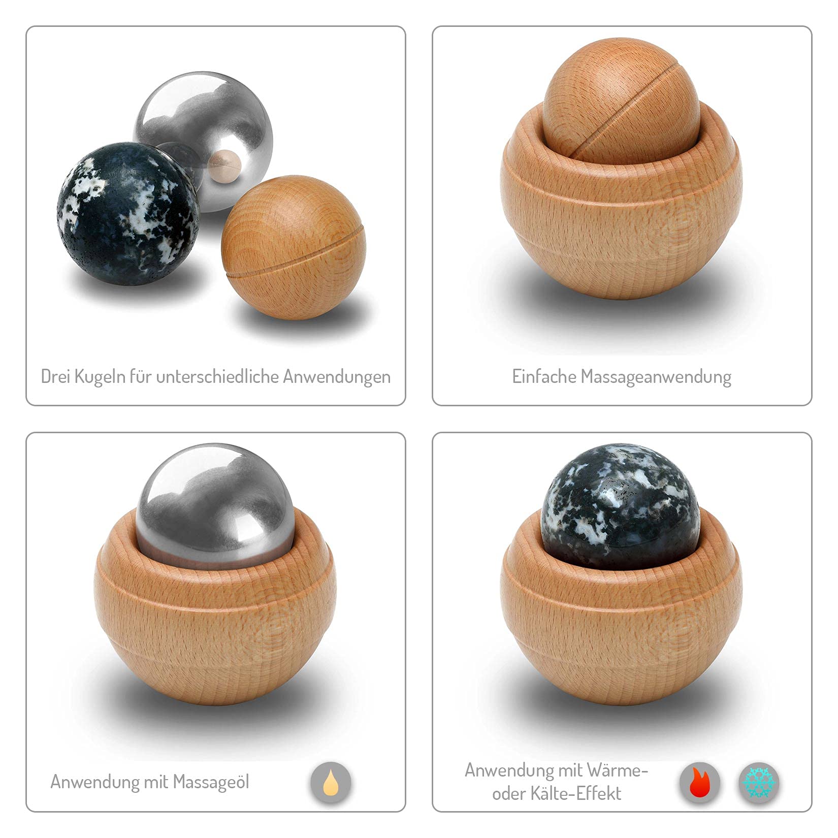 Kernpower BodyRoller Massageroller elements lackiert, Natursteinkugel, Edelstahlkugel und Holzkugel, aus Rotbuchenholz im Jutebeutel