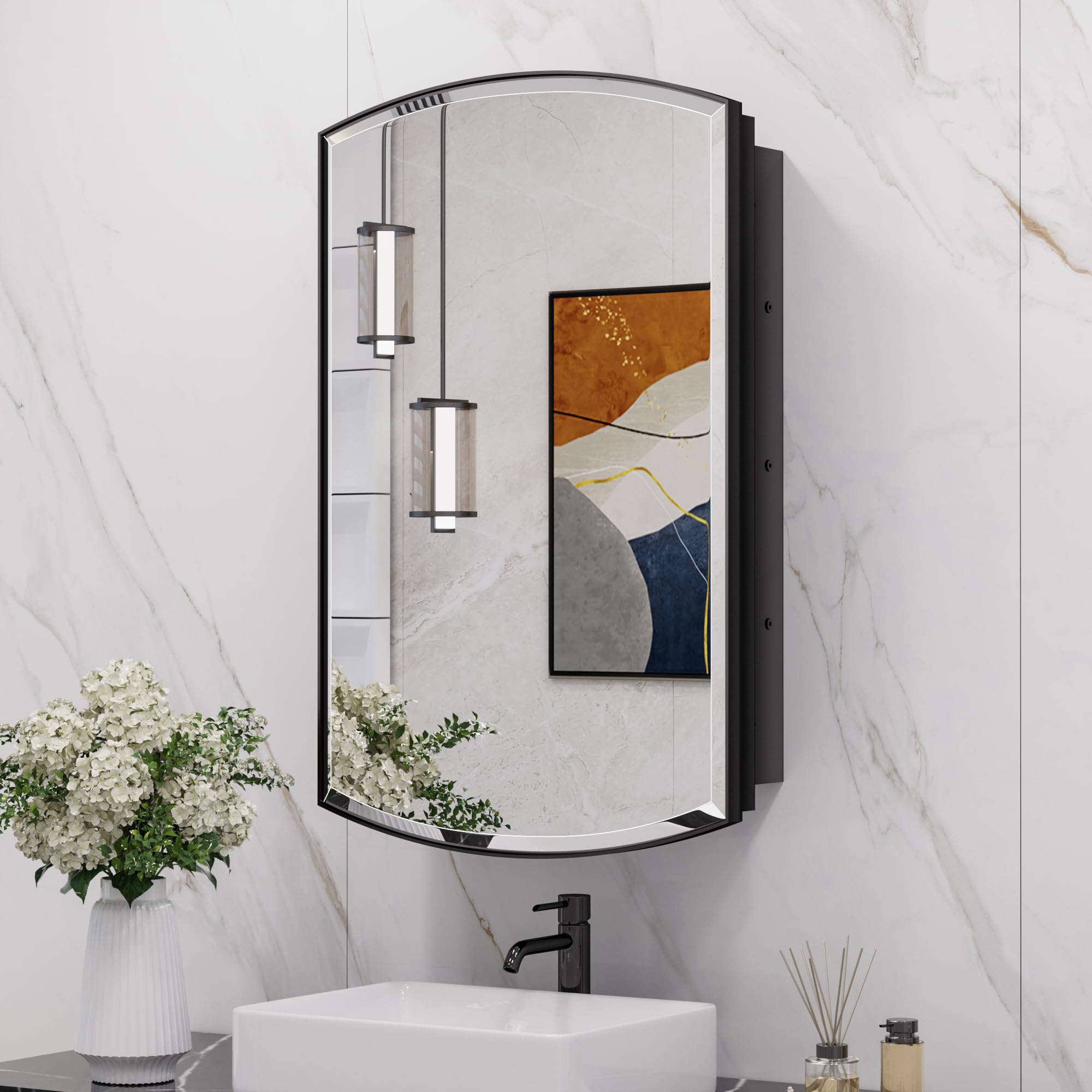 Keonjinn Black Medicine Cabinet 16 x 26 Inch, Surface Mount or Recessed Bathroom Cabinets with Mirrors, Metal Framed Wall Mirror with Storage, 2 Adjustable Shelves, Beveled Edge Mirror