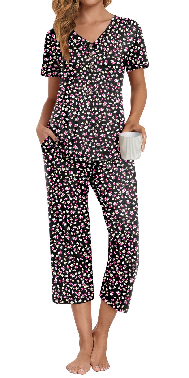 Anyally Women's Pajama Set Plus Size Short Sleeve Top and Pants 2 Piece Lounge Sets Summer Ladies Pjs Sets