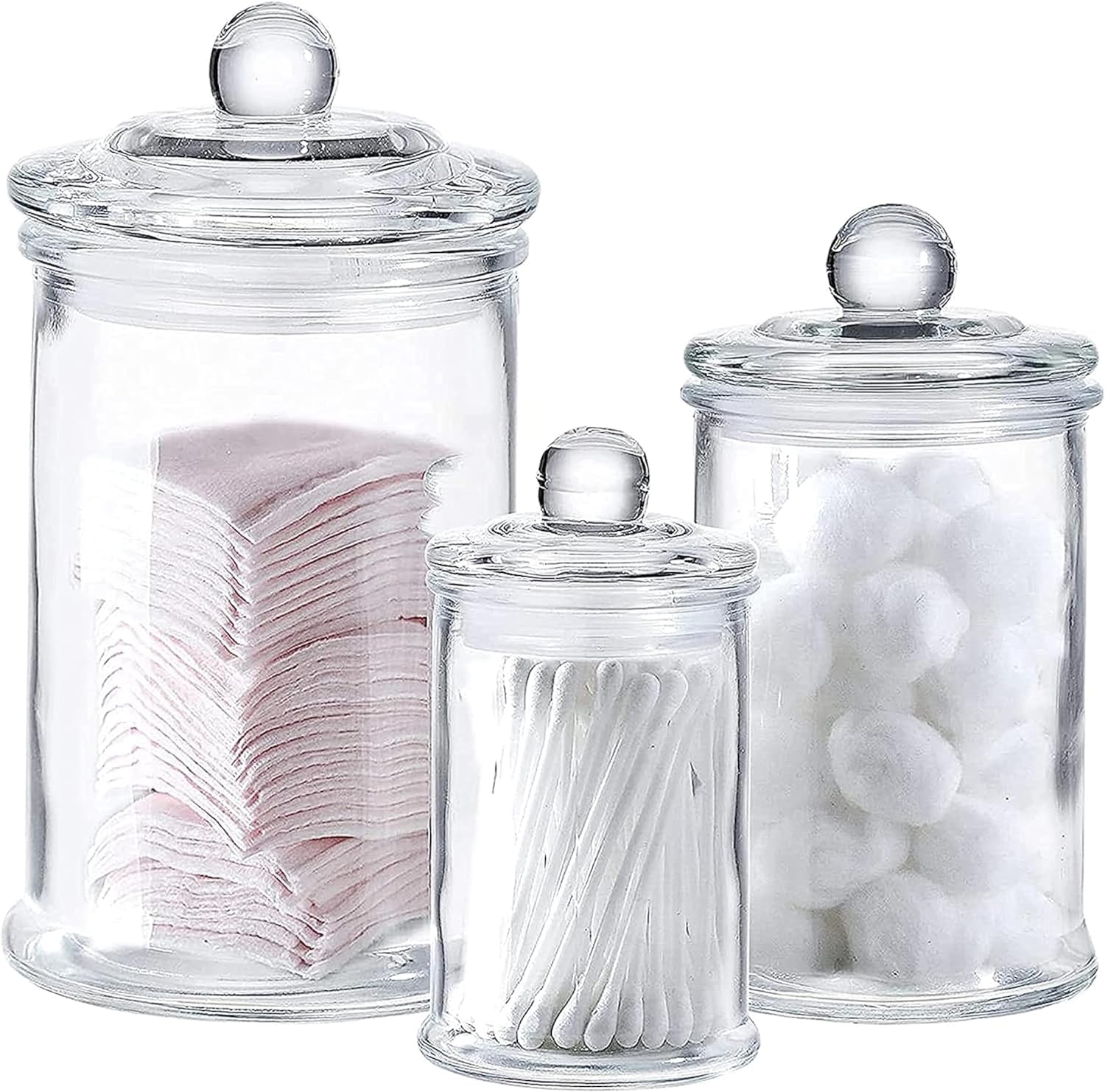Set of 3 Bathroom & Kitchen Canisters Storage Container Jars Glass Apothecary Jars with Lids Small Glass Jars for Kitchen or Bathroom Storage Decorative Crystal Containers