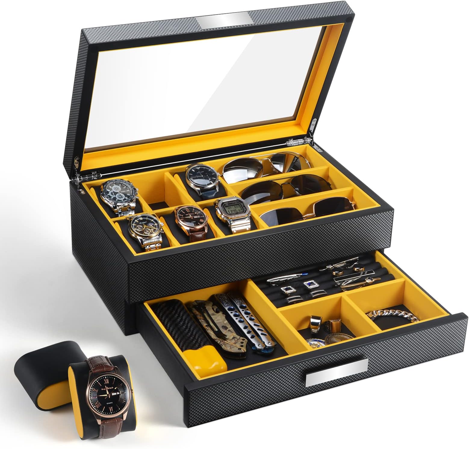Watch Box Organizer for Men, Luxury Watch Display Case with Valet Drawer, 6 Slot Watch Holder with Glass Top, Large Jewelry Watch Storage Box for Sunglasses Ring