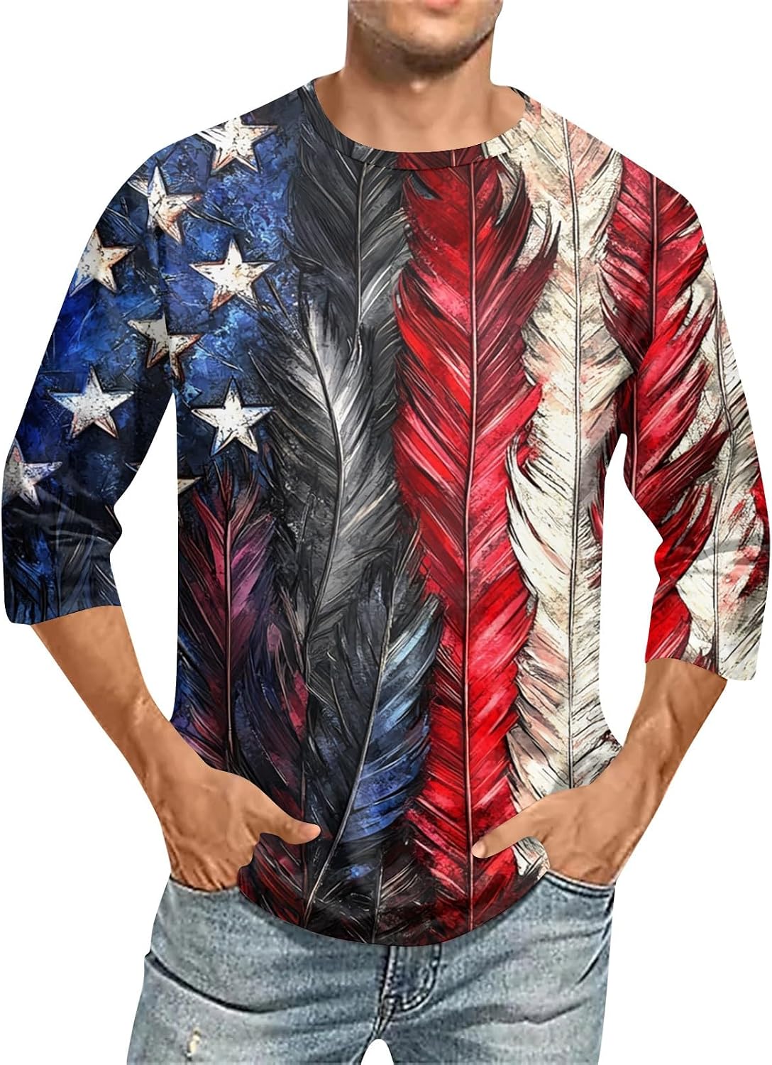 WENKOMG1 Men's 3/4 Sleeve 4th of July Shirt America Stars Stripes Flag Graphic T-Shirts Patriotic Tee Tops, S-2XL