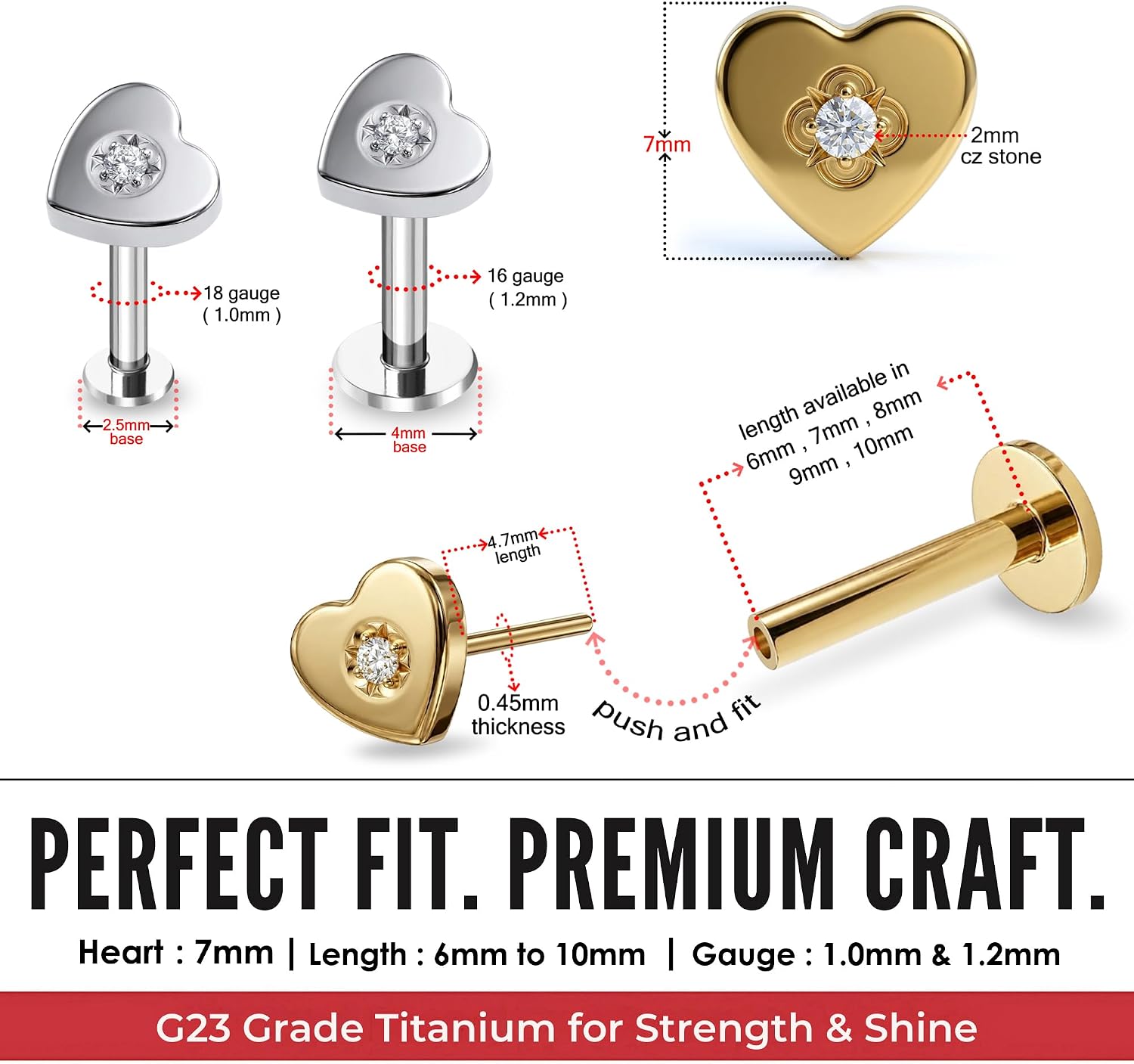 G23 Grade Titanium Tribal Flower with Cz Stone in Heart Design Push Fit Top 16 Gauge , 18 Gauge - 6mm , 7mm , 8mm , 9mm , 10mm Length Flat Back Lip Labret Stud - Tragus Earring - Cartilage , Helix - Tragus Piercing Jewelry