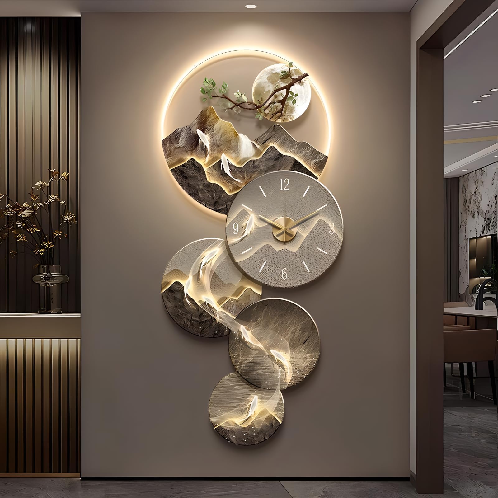 3D Wall Art Decor Clock, Large Wall Hanging Sculpture Painting with LED Light, Modern Home Decorative Wall Clock Art Decorations Lamp for Living Room Bedroom Entrance Office Decor