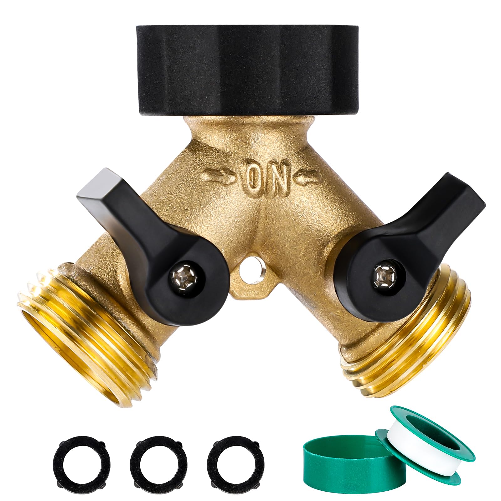 Dalmbox Garden Hose Splitter 2 Way, Y Connector Brass Garden Hose Adapter, Water Hose Splitter, Double Shut Off Valve, Includes 3 Rubber Washers & Teflon Tape(1 pack)