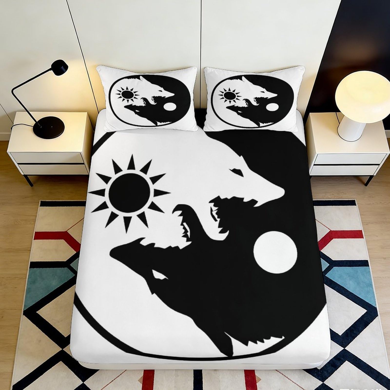 3D Printed Yin Yang Wolf Fitted Sheet Microfiber Soft Black White Sun Moon Bed Cover Non Slip Bedroom Decor 90x200x25cm
