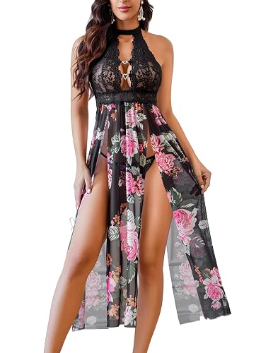 Avidlove Women Lingerie Lace Babydoll Chemise Sexy Nightgown Long Sleepwear | Slit Babydoll Dress, 2 pcs Lingerie Set, Long Nighties, for Valentine's Day, Christmas, Wedding, Special Night - Large - Floral