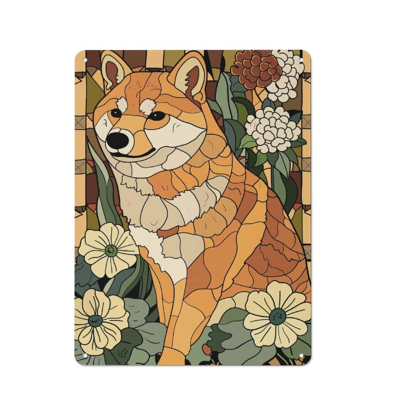 Junmoney Style-3 Retro Metal Plaque 40X30cm Featuring Shiba Inu In A Floral Setting For Workshop Wall, For Metal Sign Collectors, For Garage And Workshop Walls