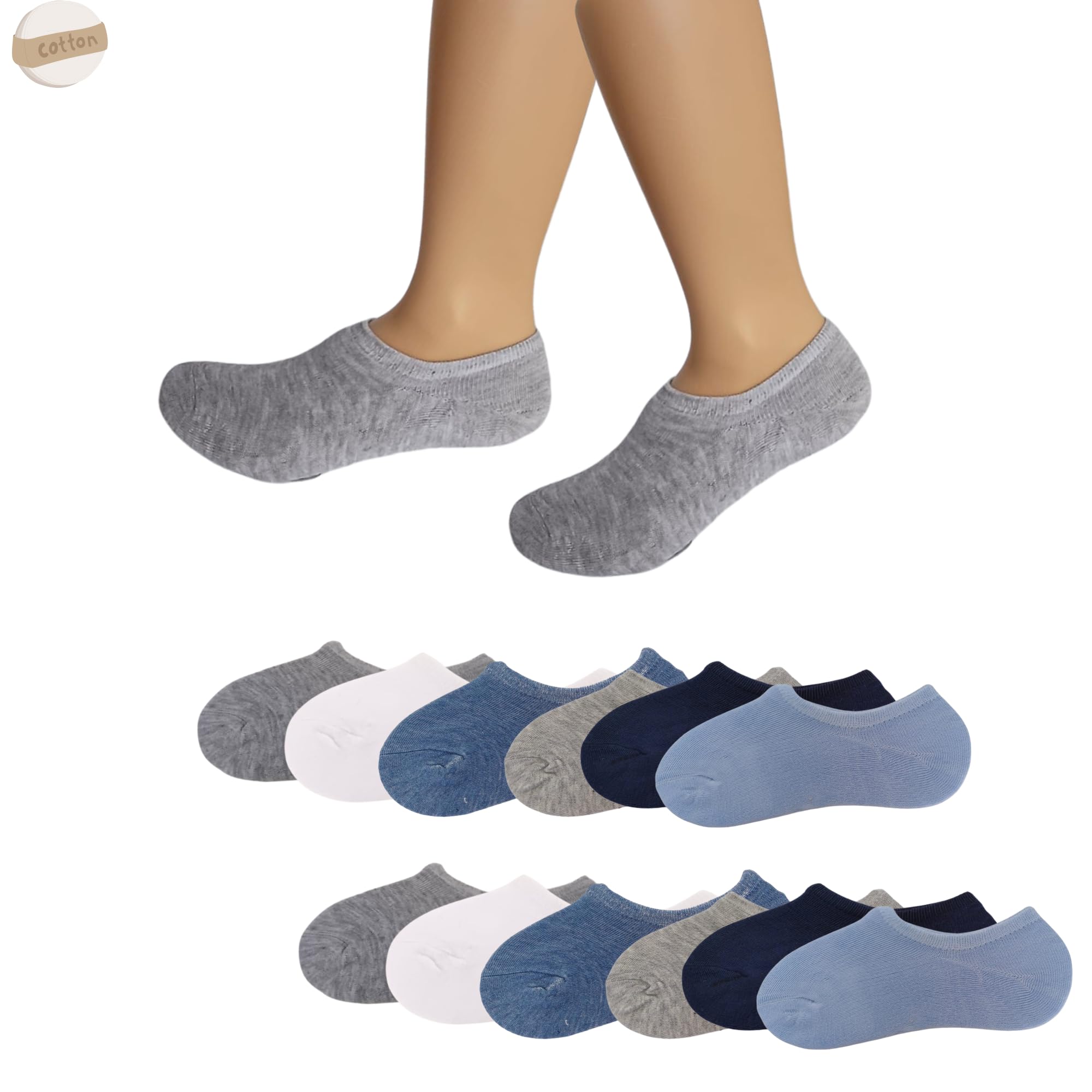 Lot de 12 paires de chaussettes invisibles pour garçon/fille, en pur coton, chaussettes courtes, respirantes, douces et antidérapantes, en silicone pour toutes les occasions