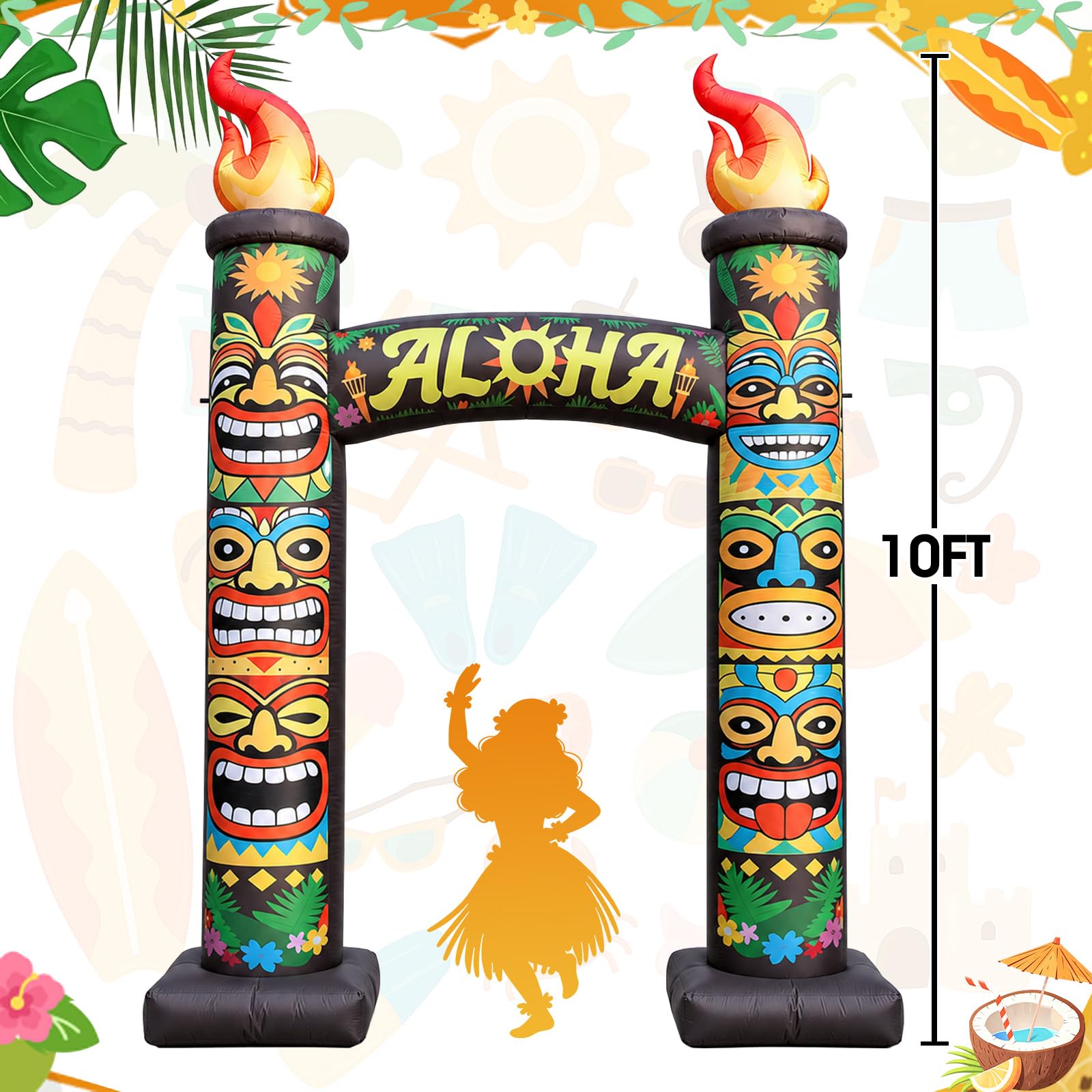 Arche gonflable d'été Tiki de 3 m, décoration d'extérieur géante Aloha Luau avec 6 lumières LED intégrées pour plage, bar, fête d'anniversaire, piscine, terrasse, événement