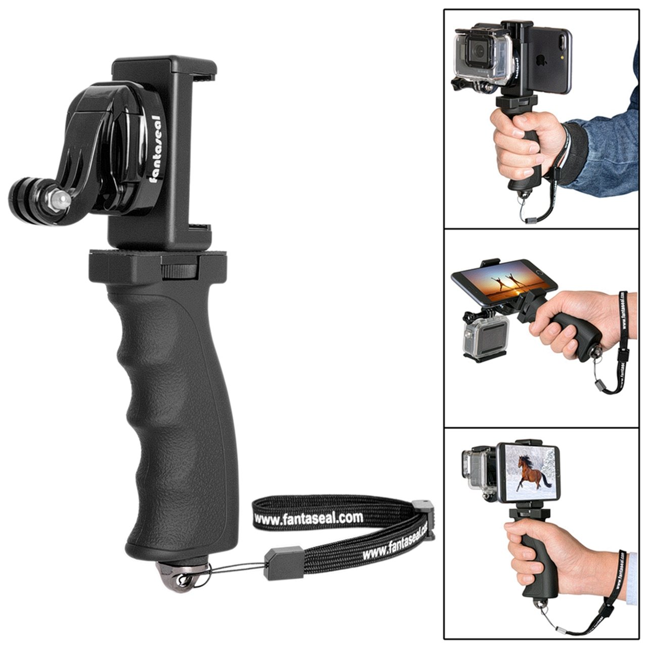 Fantaseal Ergonomic Action Camera Hand Grip Mount w/Smartphone Clip