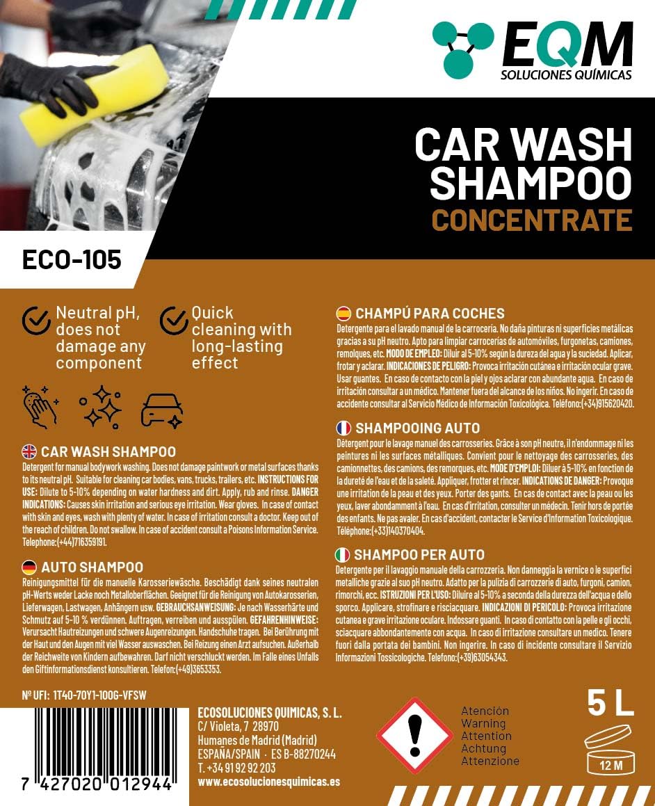 EQM - ECO-105 - Shampooing Concentré pour Voiture - 5L - Plus de 250 lavages - Nettoyage rapid et protection de peinture automobile grâce à son pH neutre