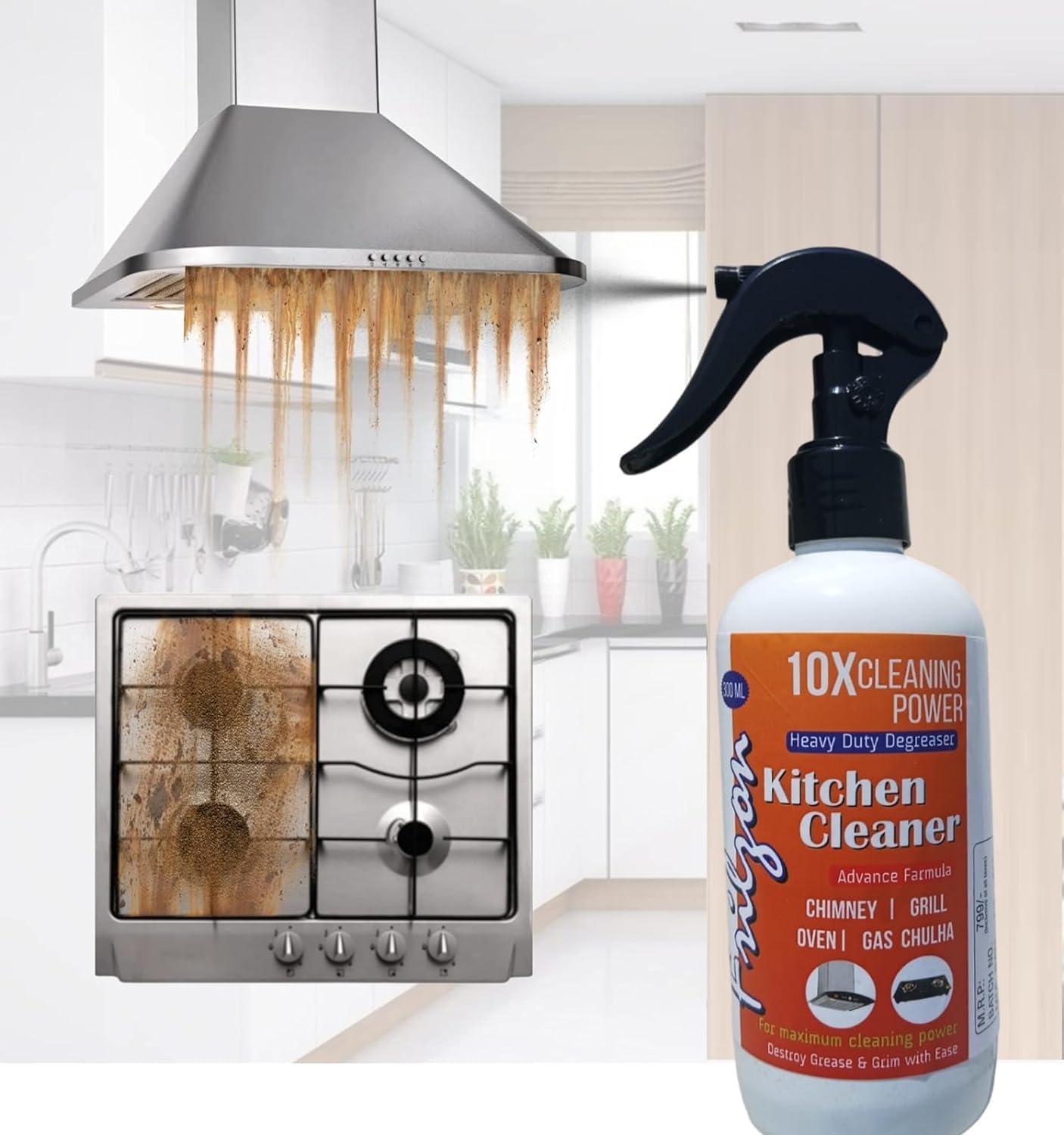 FRILZON 10X POWER kitchen Chimney Cleaner Spray l Suitable for all Kitchen Surfaces Shink Gas Stove burner chulha Tiles GRILL OVEN FRIDGE tap cleaner spray | Kills 99.9% germs 250 ml (B0D5BKC58V) Amazon Price History, Amazon Price Tracker