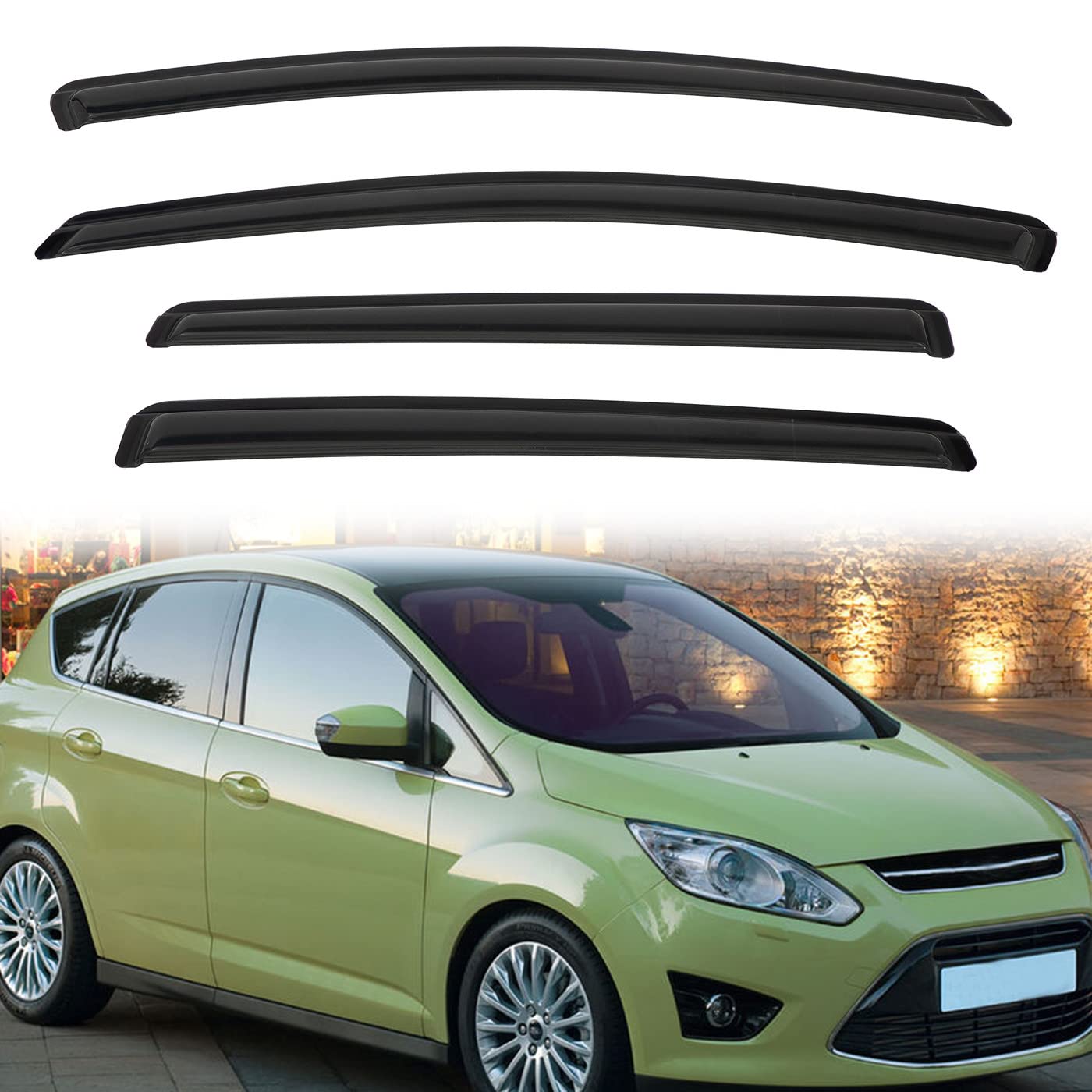 4pcs Out-Channel Smoke Tint Rain Guard Compatible with Compatible with 2013-2018 Ford C-Max Tape-On Vent Deflector Window Visors Car Accessories