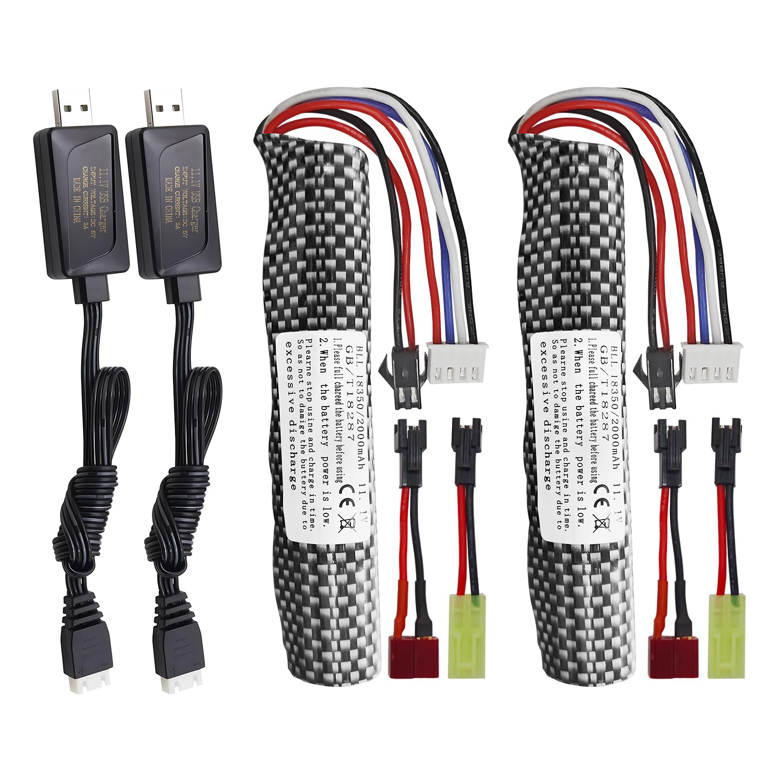 2PCS 3S 11.1V 2000mAh Li-ion Battery SM-2P Plug with USB Charging Cable Compatible with Airsoft Gel Water Bead Blaster Rechargeable Batteries