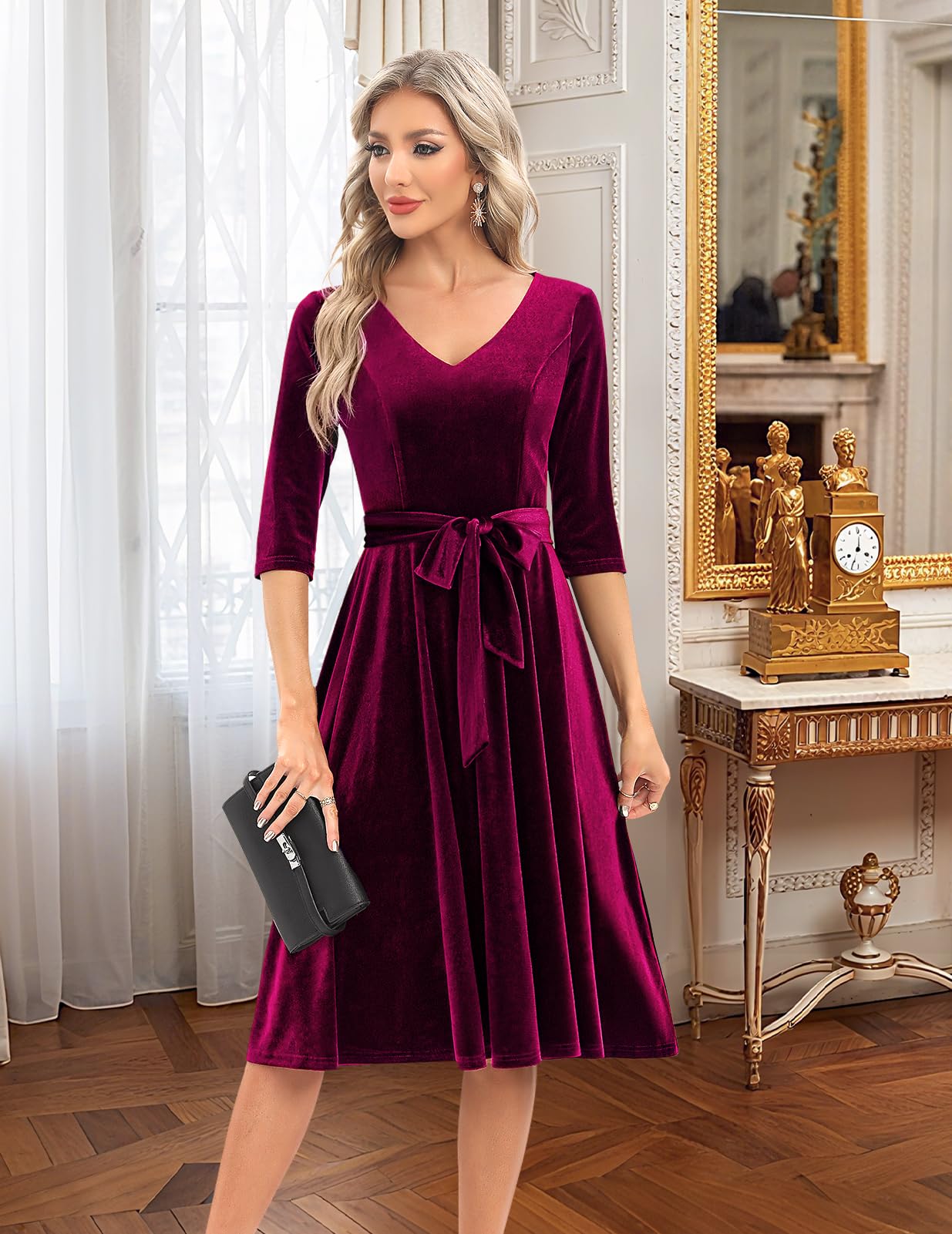 Bbonlinedress Abiti Rockabilly Donna Manica a 3/4 Scollo a V Manica Lunga Midi Abiti da Festa per Matrimonio Abito da Cocktail Vintage con Tasche