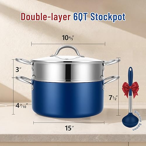 Miniatura 2 de AOSION Olla antiadherente de 6 cuartos de galón con tapa, olla de sopa de cerámica con vapor y cucharón, ollas de cocción de inducción compatibles