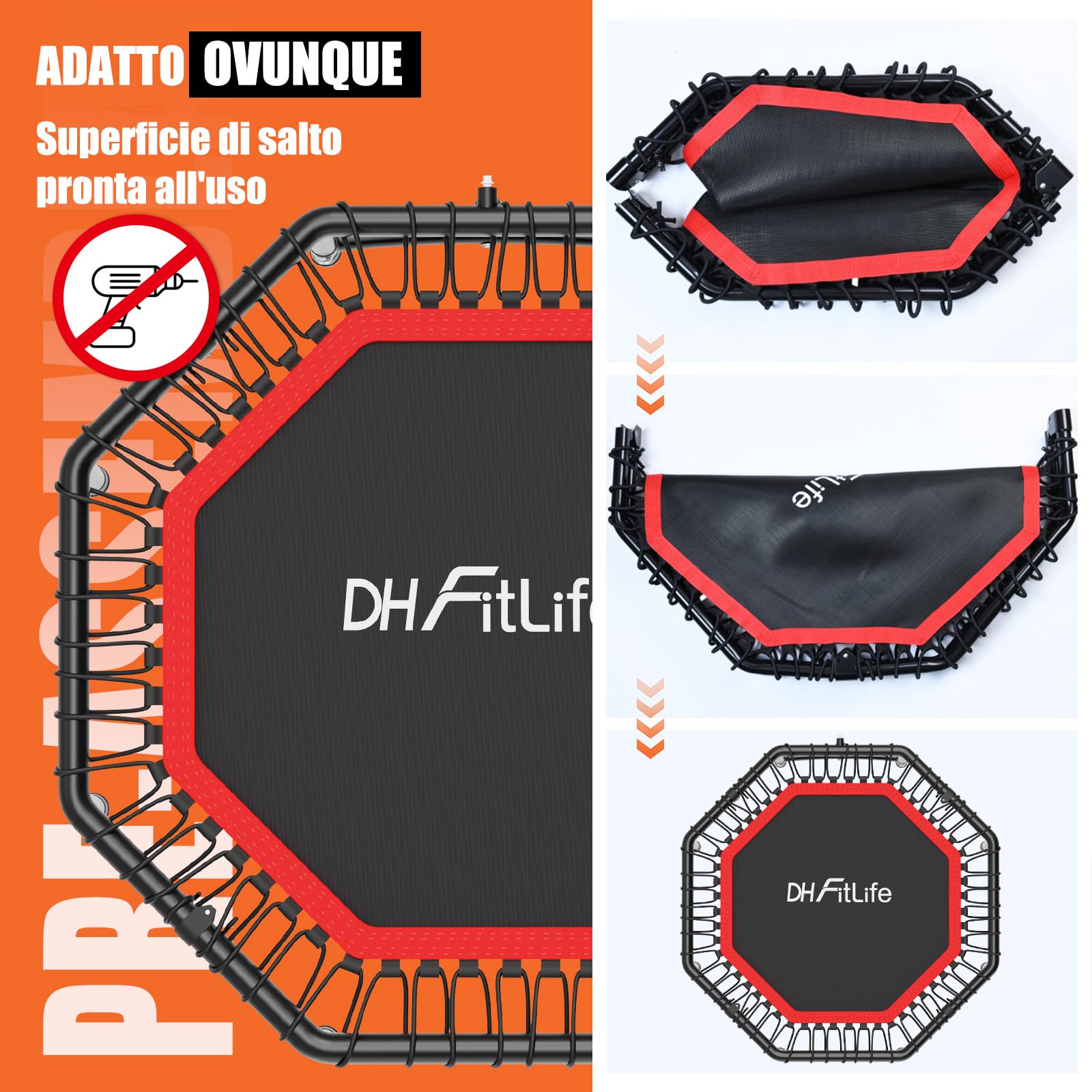 DH FitLife Trampolino Fitness Indoor Pieghevole senza Installazione | Trampolino Ø121 cm 48 Pollici | Portata 150 kg | Maniglia Regolabile a 3 Altezze | Stabile e Silenzioso