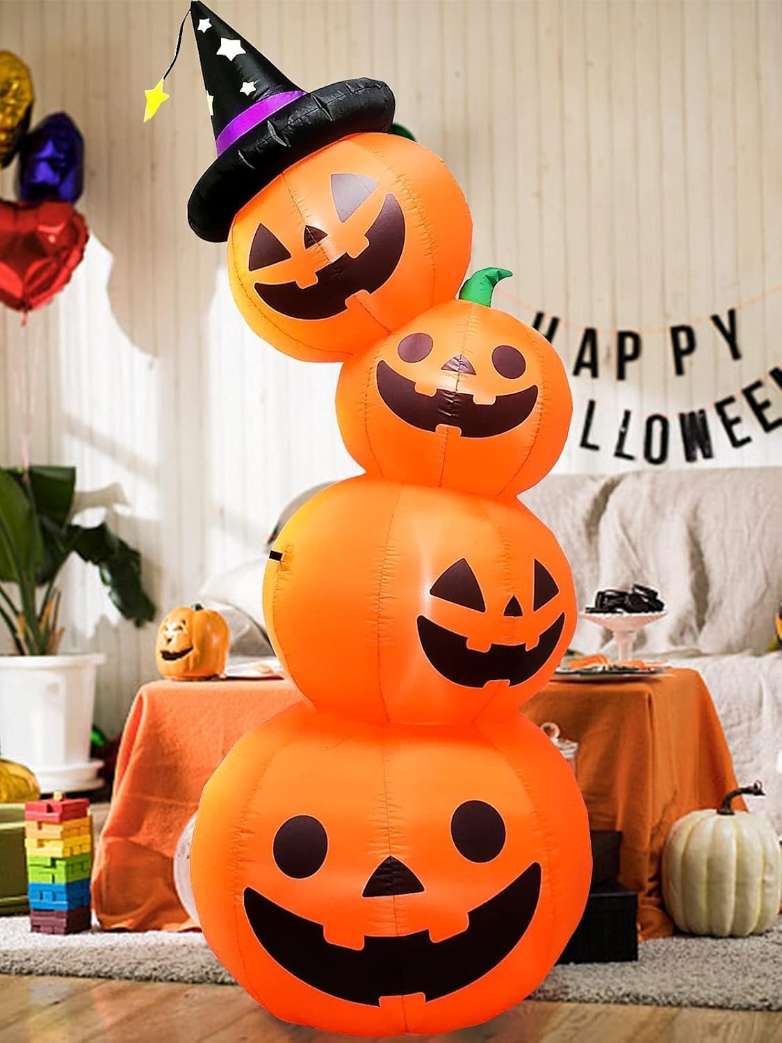 7.9 stóp wysokości Halloween nadmuchiwane ułożone dynie, Kalolary wysadzenie powietrze latarnie dyniowe Dekoracje z wbudowanymi światłami LED Outdoor Indoor Holiday Decor domu Family Yard Lawn Garden