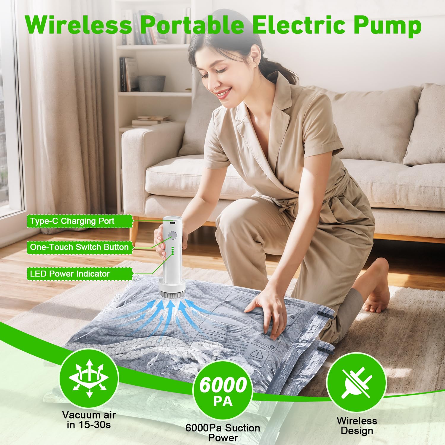 Bolsas de sellado al vacío para ropa con bomba eléctrica inalámbrica, para viajes y uso doméstico, paquete de 15 bolsas de almacenamiento al vacío ideales para ahorrar espacio, bolsas de