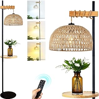 Floor Lamp with Table and Shelves for Living Room Bedroom Rattan Shelf Floor Lamps with Remote Boho Dimmable Standing Lamp Wicker Bamboo Wood Farmhouse Black Tall Lamp Rustic Floor Light