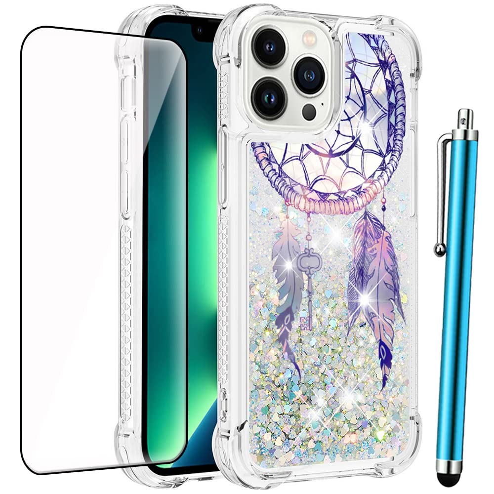 Alkaxfor iPhone 14 Pro Case Glitter with Screen Protector,Liquid Bling Sparkle Cute Women Girls Flowing Quicksand Slim Clear Sparkly Phone Case Protective Cover Bumper for iPhone 14 Pro 6.1-inch 2022