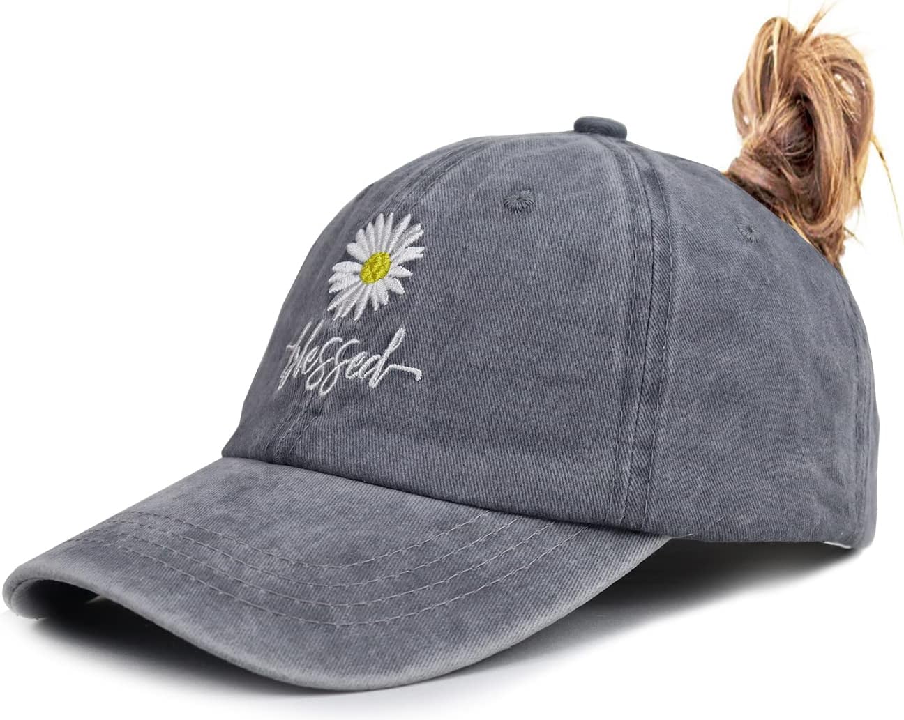 Daisy Blessed Ponytail Hats, Embroidered High Messy Bun Baseball Cap for Women