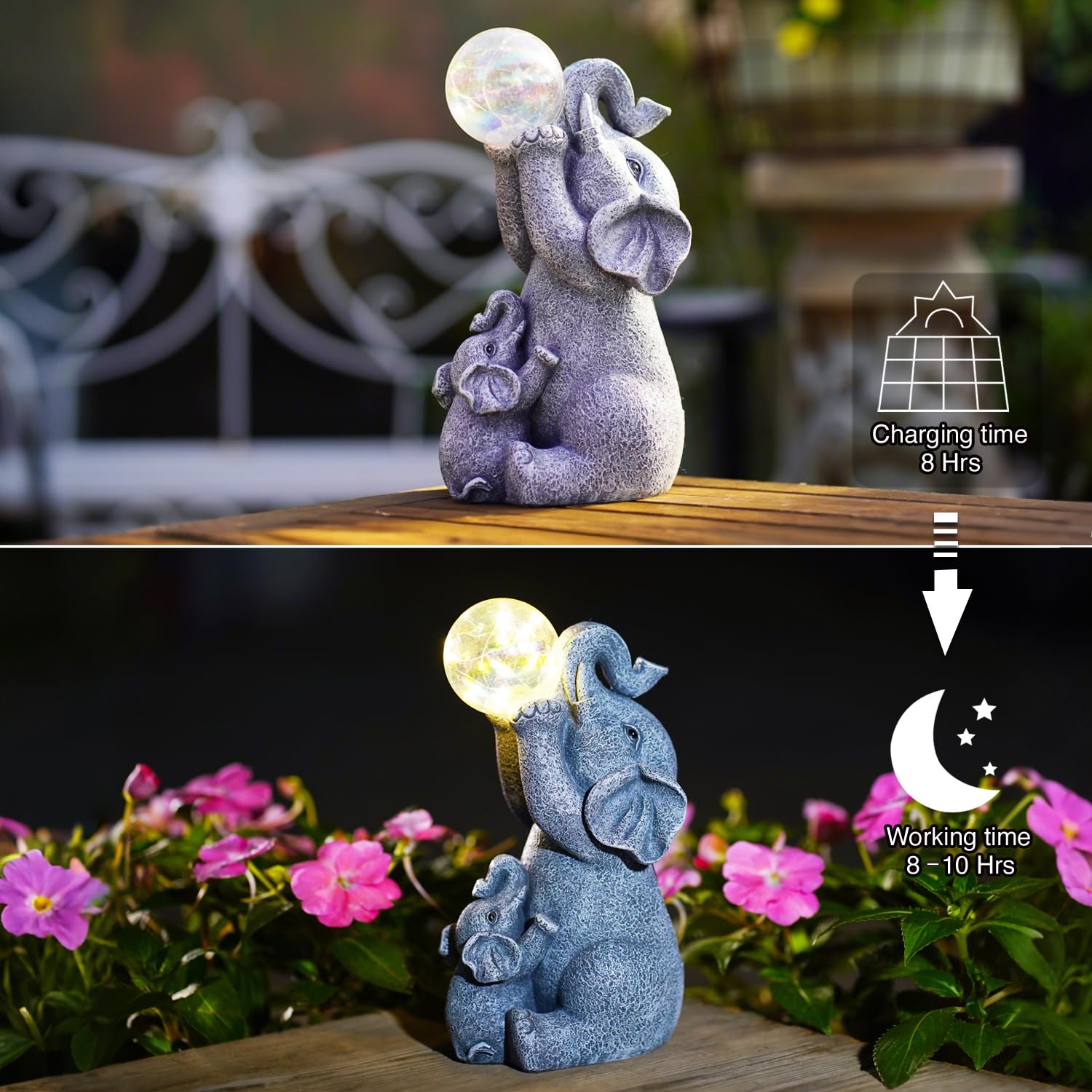 Statue solari da giardino a forma di elefante, luci con sfera a bolle solari, per esterni, cortile, decorazione da giardino, regalo unico per l'inaugurazione della casa per mamma, donne