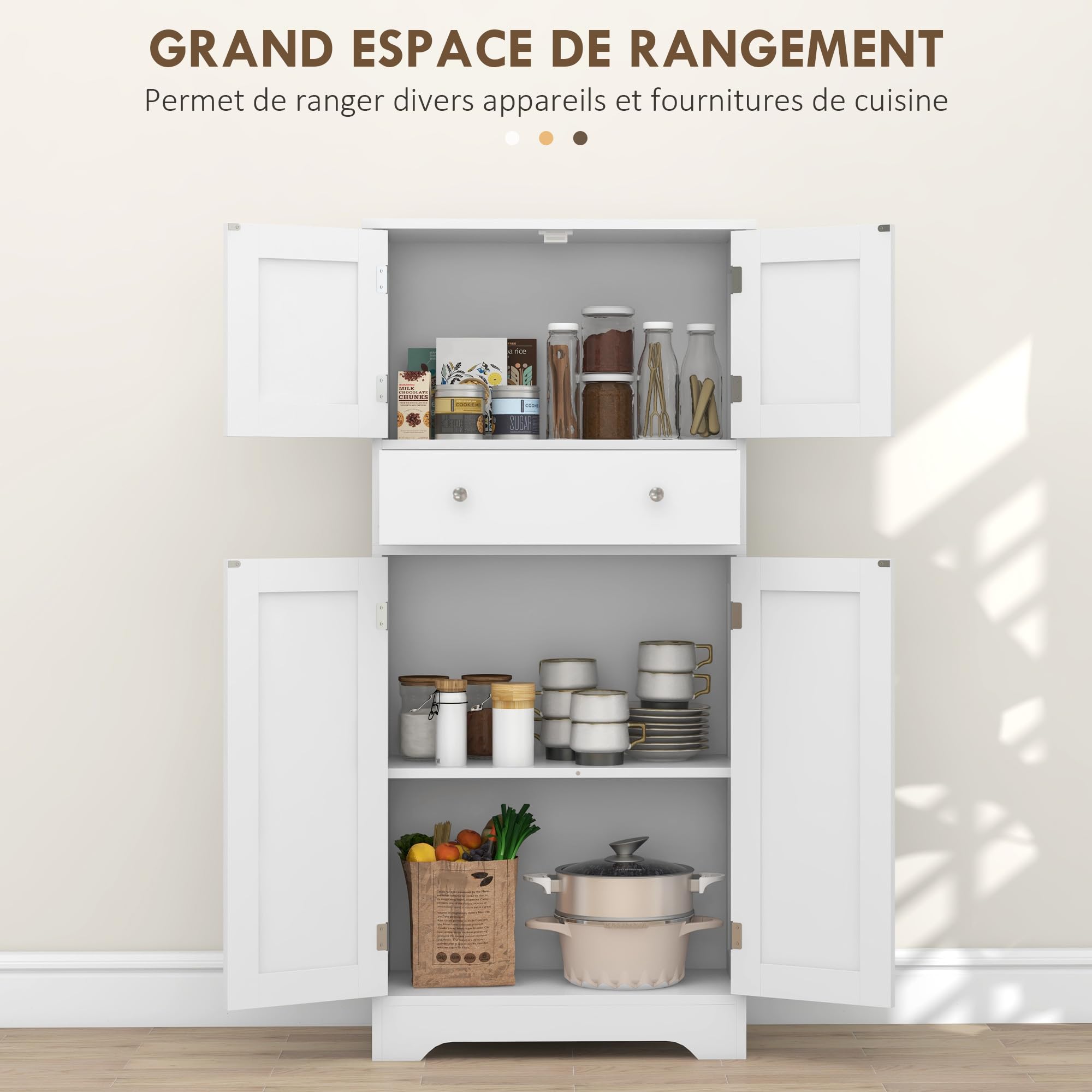 HOMCOM Armadio da cucina a buffet in stile moderno con armadietti, ripiani regolabili, cassetto, per sala da pranzo, soggiorno, 60 x 30 x 128 cm, bianco