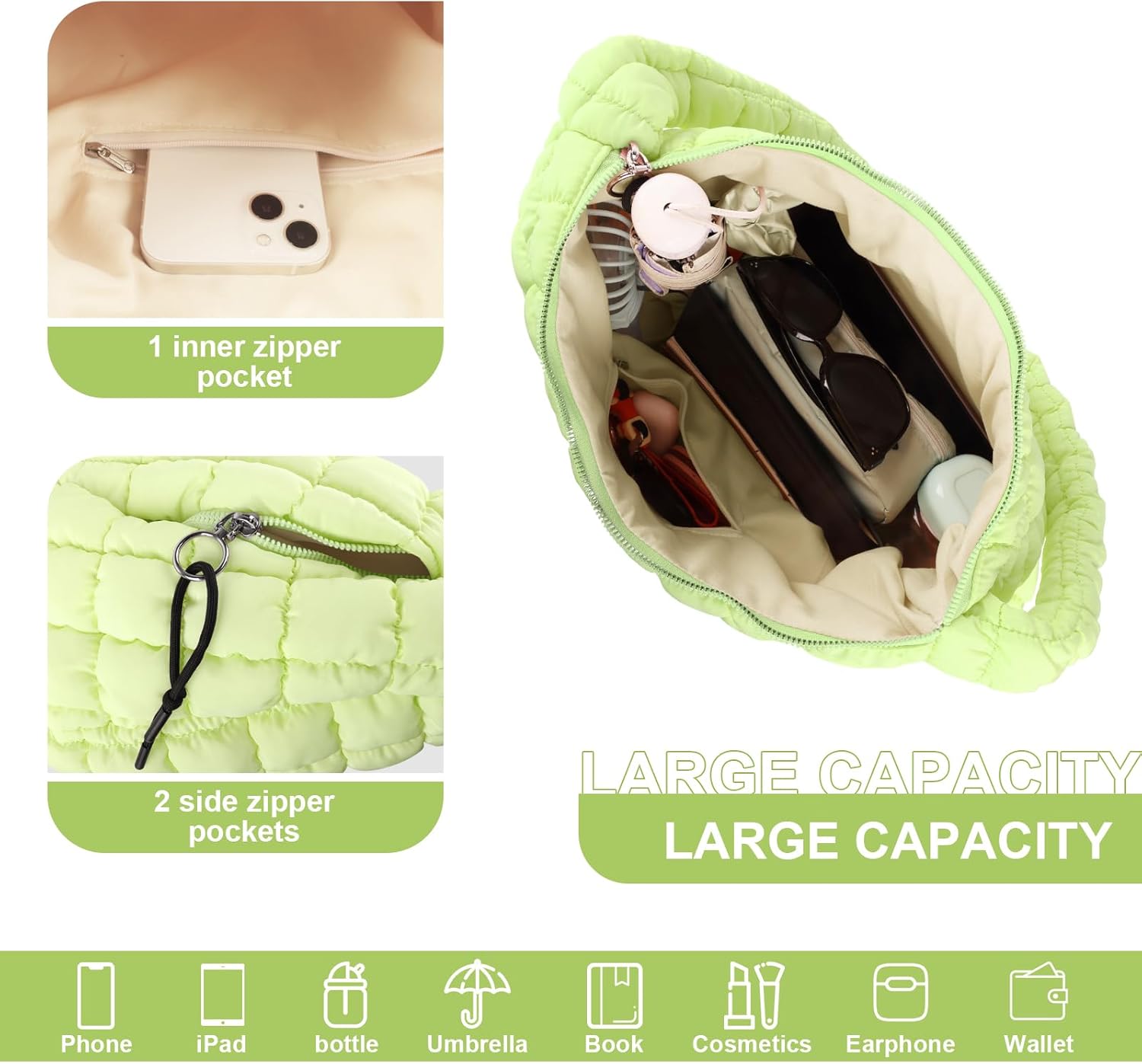 Quilted Puffer Tote Bag Purse Puffy Crossbody Shoulder Bag,Lightweight Nylon Hobo Bag Puffer Carryall Bag for Women Girl - Image 4