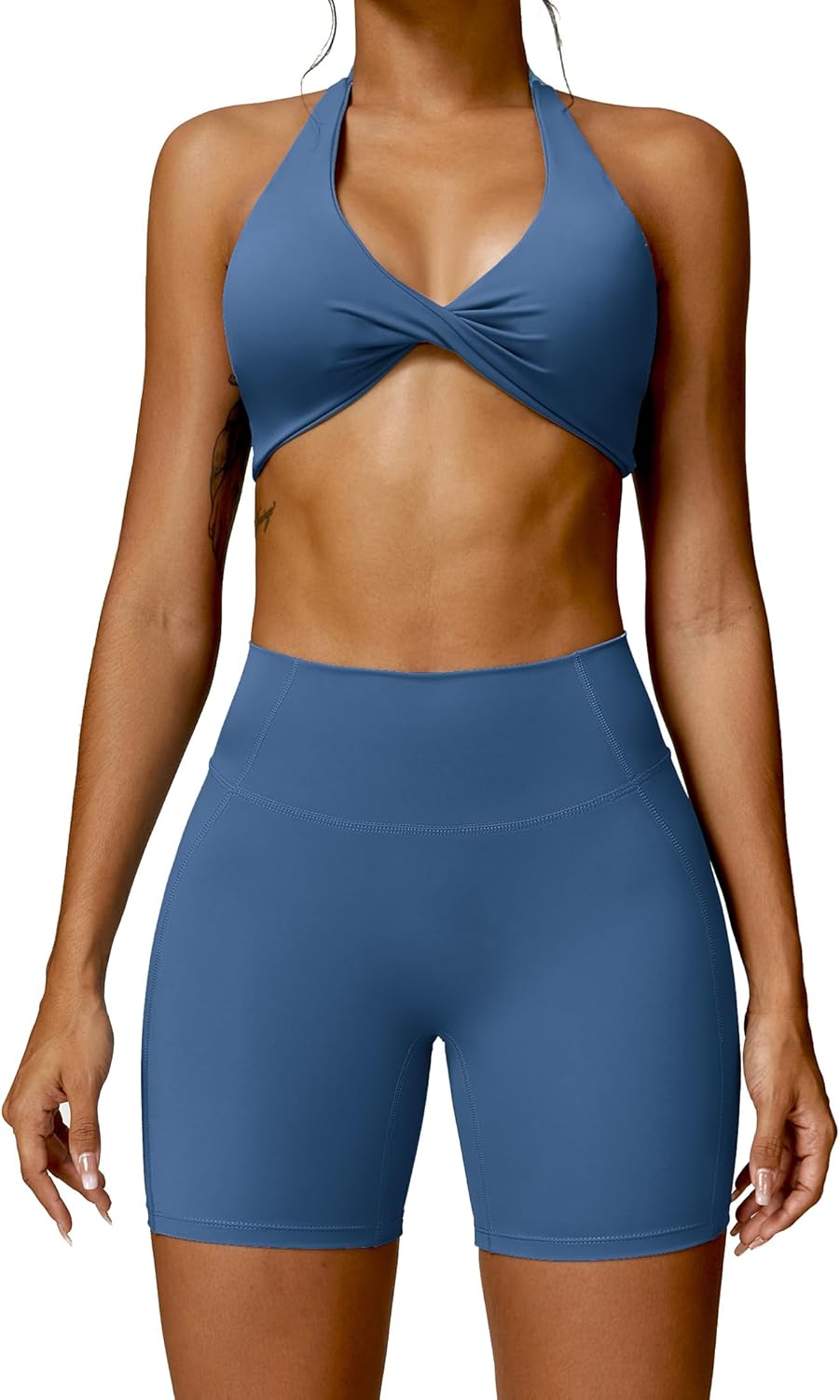 ABOCIW Workout Sets for Women Twist Front Halter Neck Sports Bra High Waist Biker Shorts 2 Piece Gym Outfits