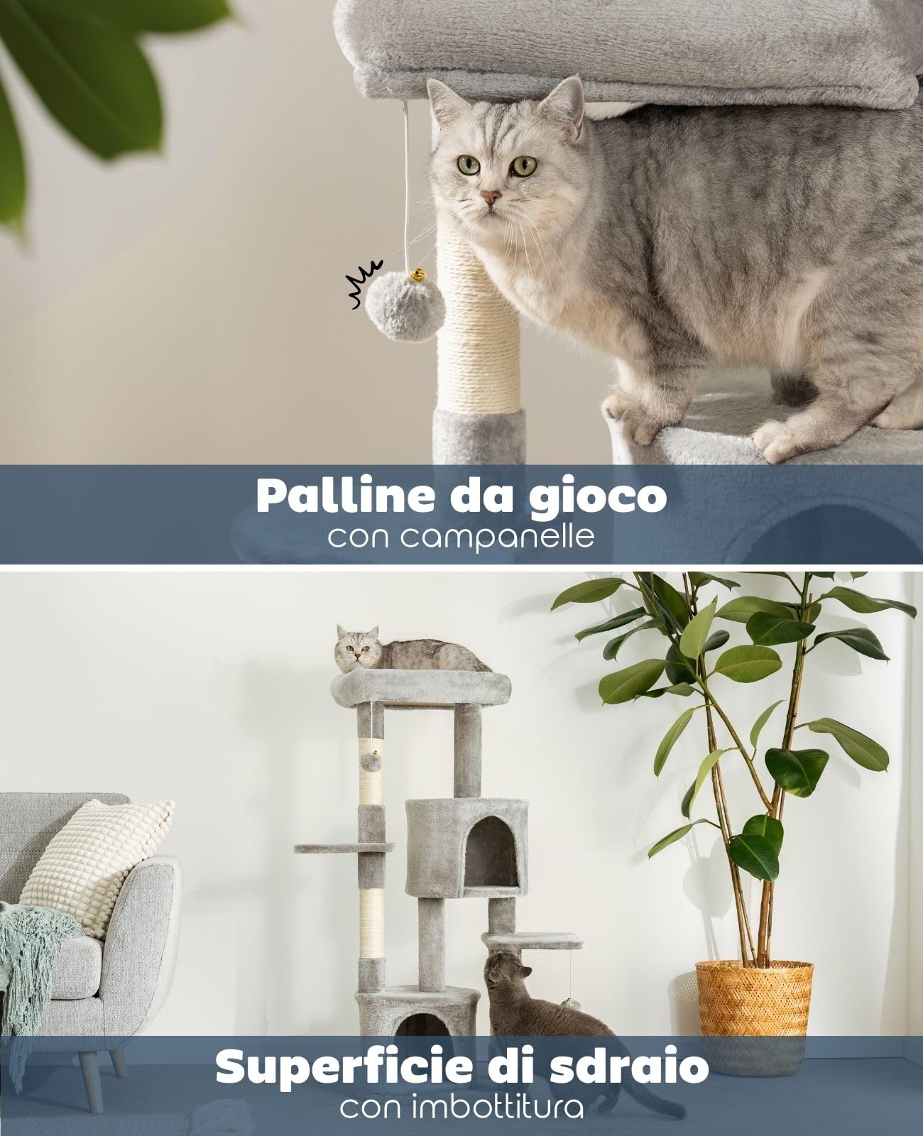 lionto Albero da grattare per gatti Albero da arrampicare con palline e sisal Altezza 115 cm, grigio chiaro