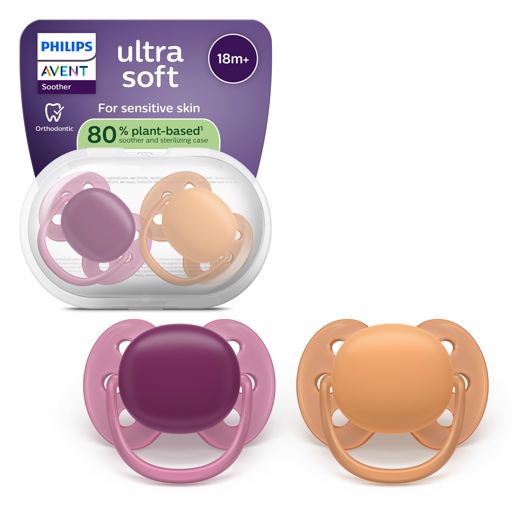 Philips Avent Ultra Soft Ciuccio ortodontico 18 mesi+ scudo flessibile tettarella simmetrica silicone senza BPA confezione da 2 SCF093/03