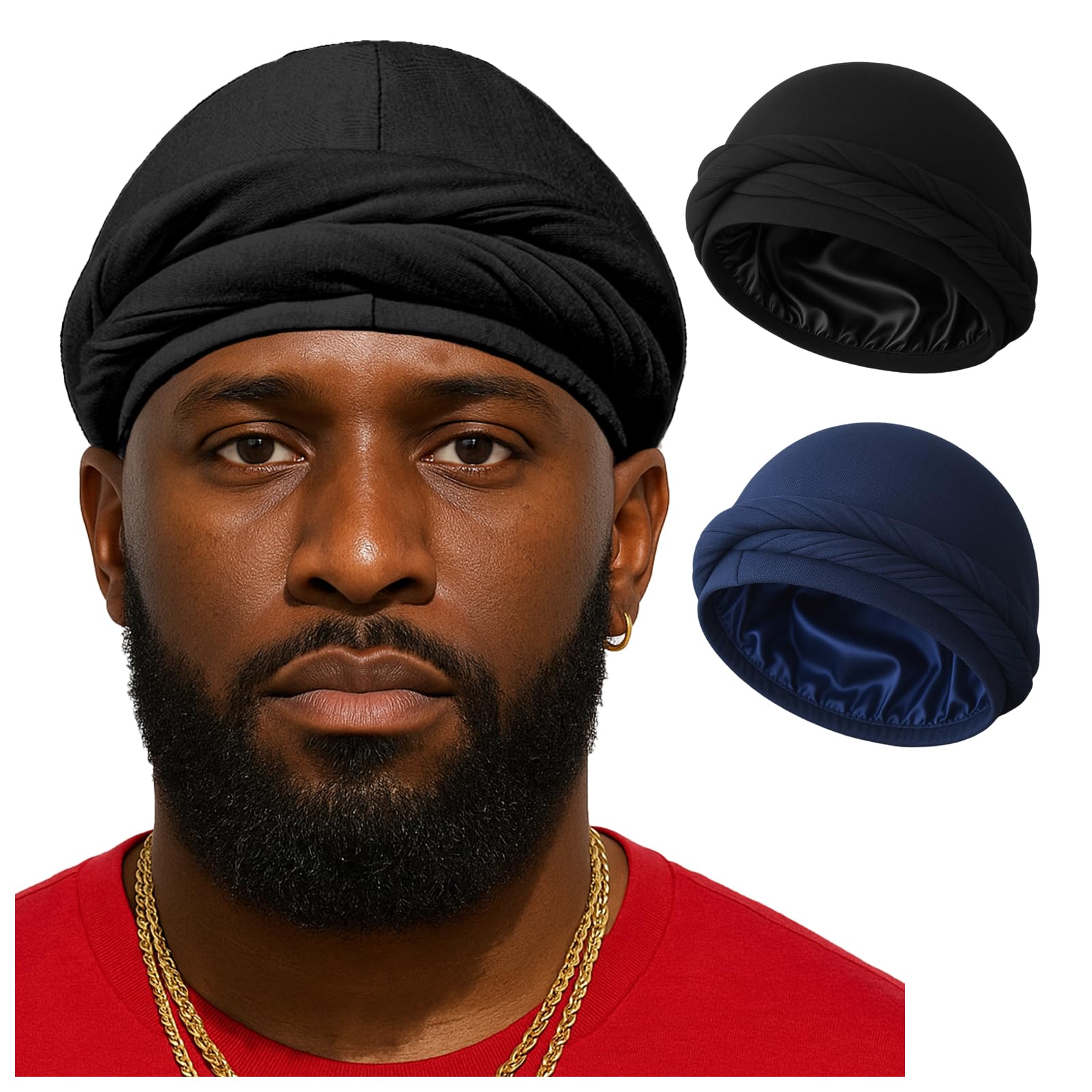 Upgraded Halo Turban Durag for Men Women Pre-Tied Skull Cap Hair Loss Hat Silk-Lined Headwraps Sleeping Bonnet
