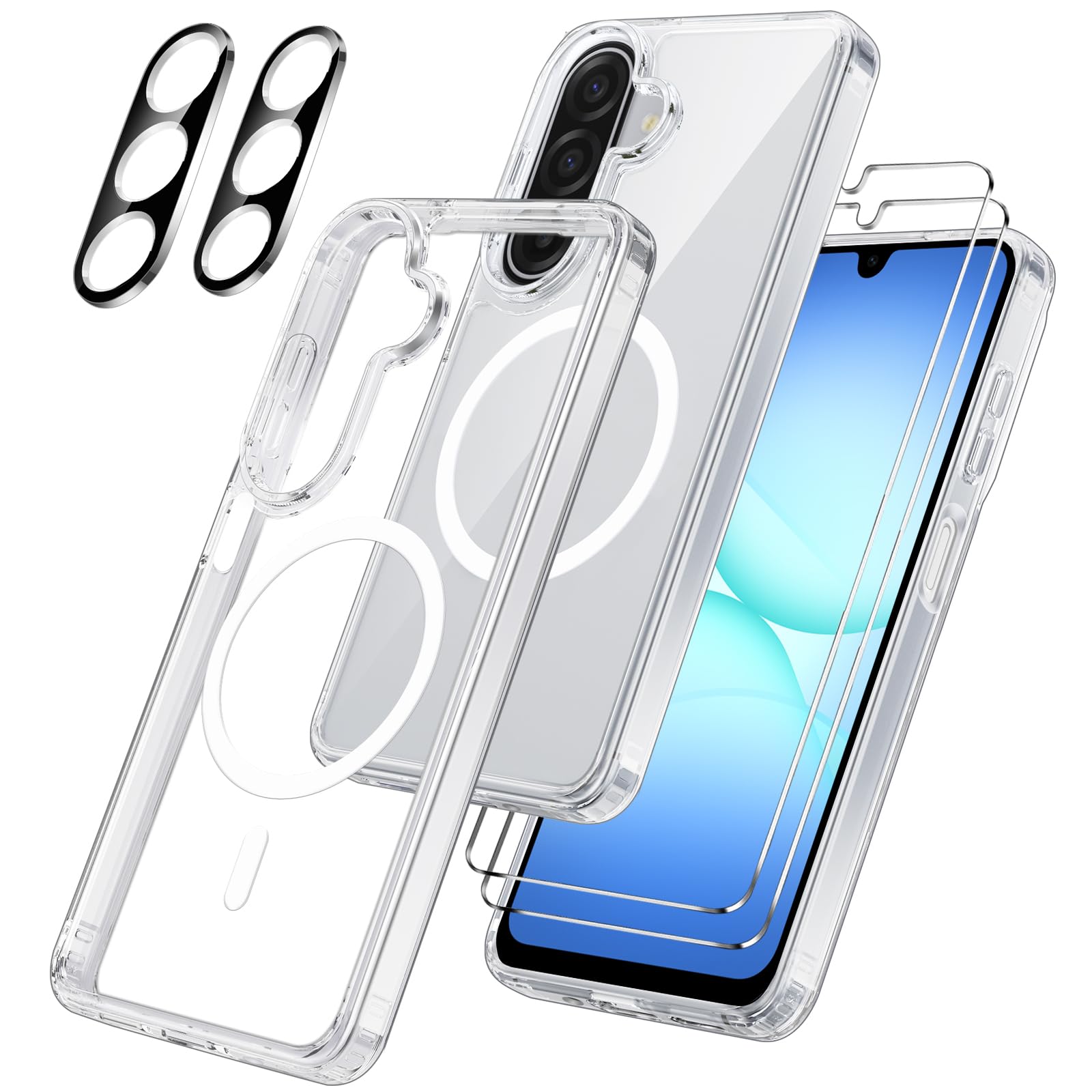 Cover per Samsung Galaxy A17 5G/4G Compatibile con 2 vetri temperati e 2 vetri per fotocamera, Translucent Slim Back PC+TPU Bumper Shockproof Compatible Magnetic Cover - Trasparente