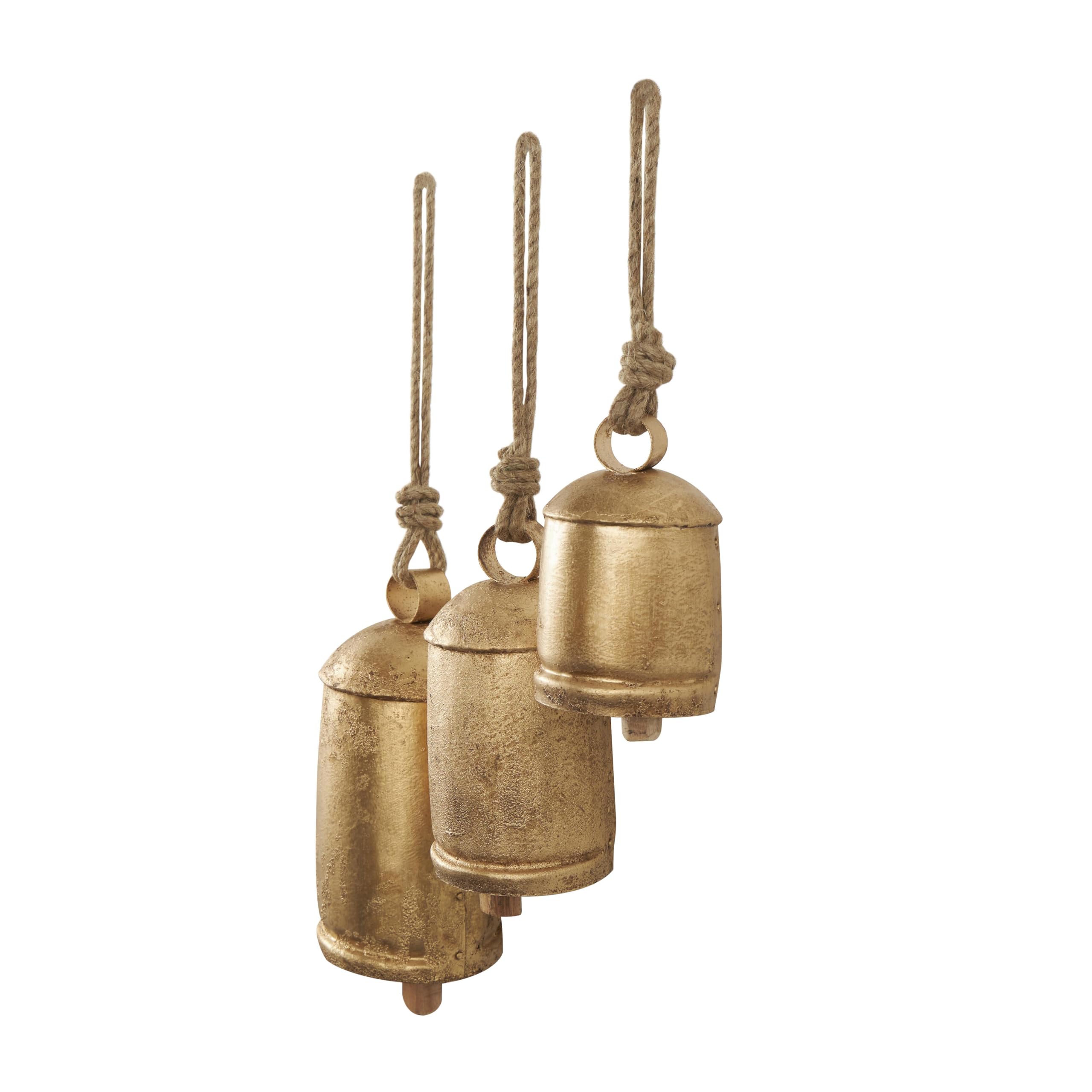 Deco 79 Campanas de Vaca Decorativas de inspiración tibetana de Metal con Cuerda para Colgar de Yute, Juego de 3, 10", 8", 6" de Alto, Dorado